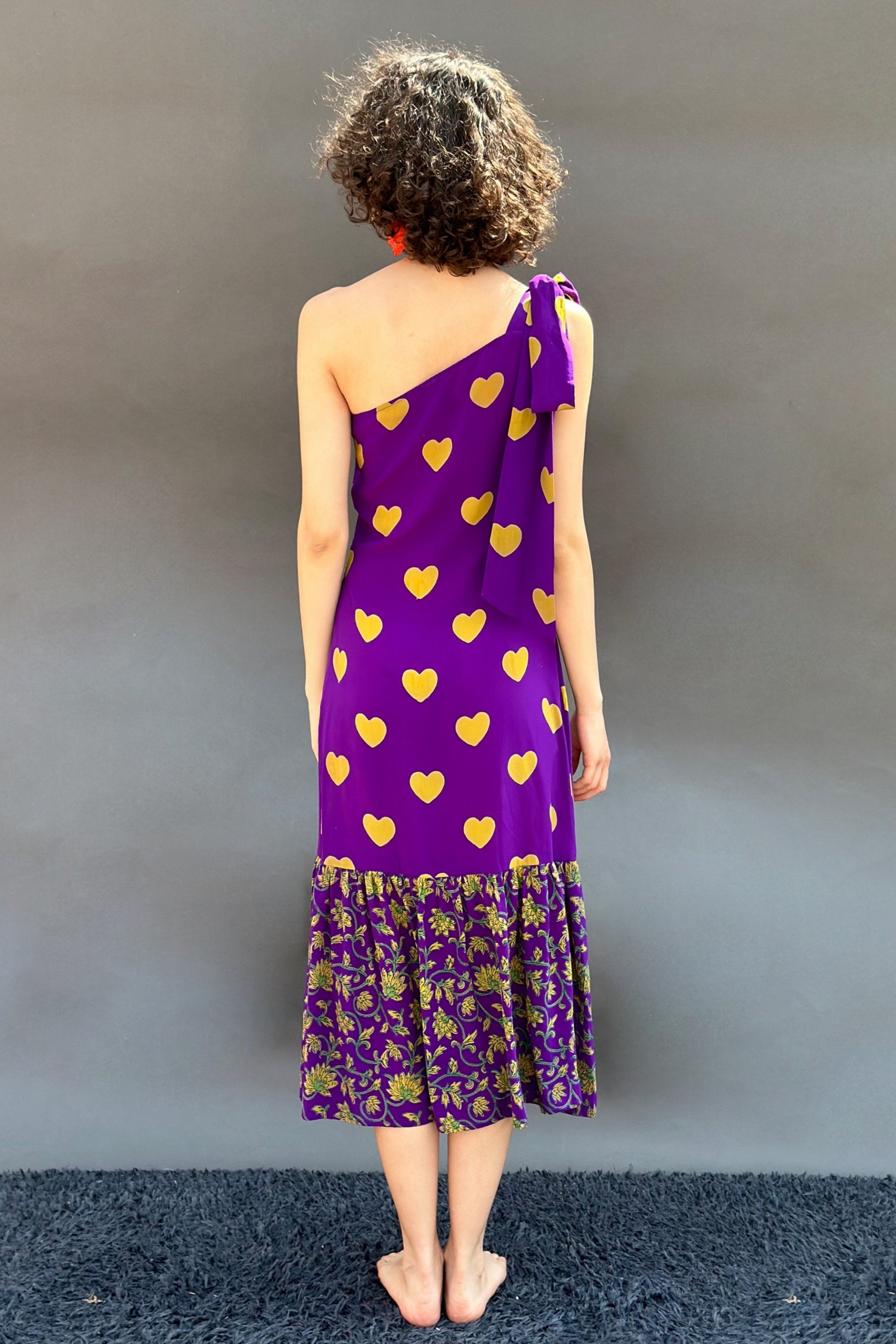 Purple Ochre Hearts & Floral One Shoulder Dress With Tie Up Bows