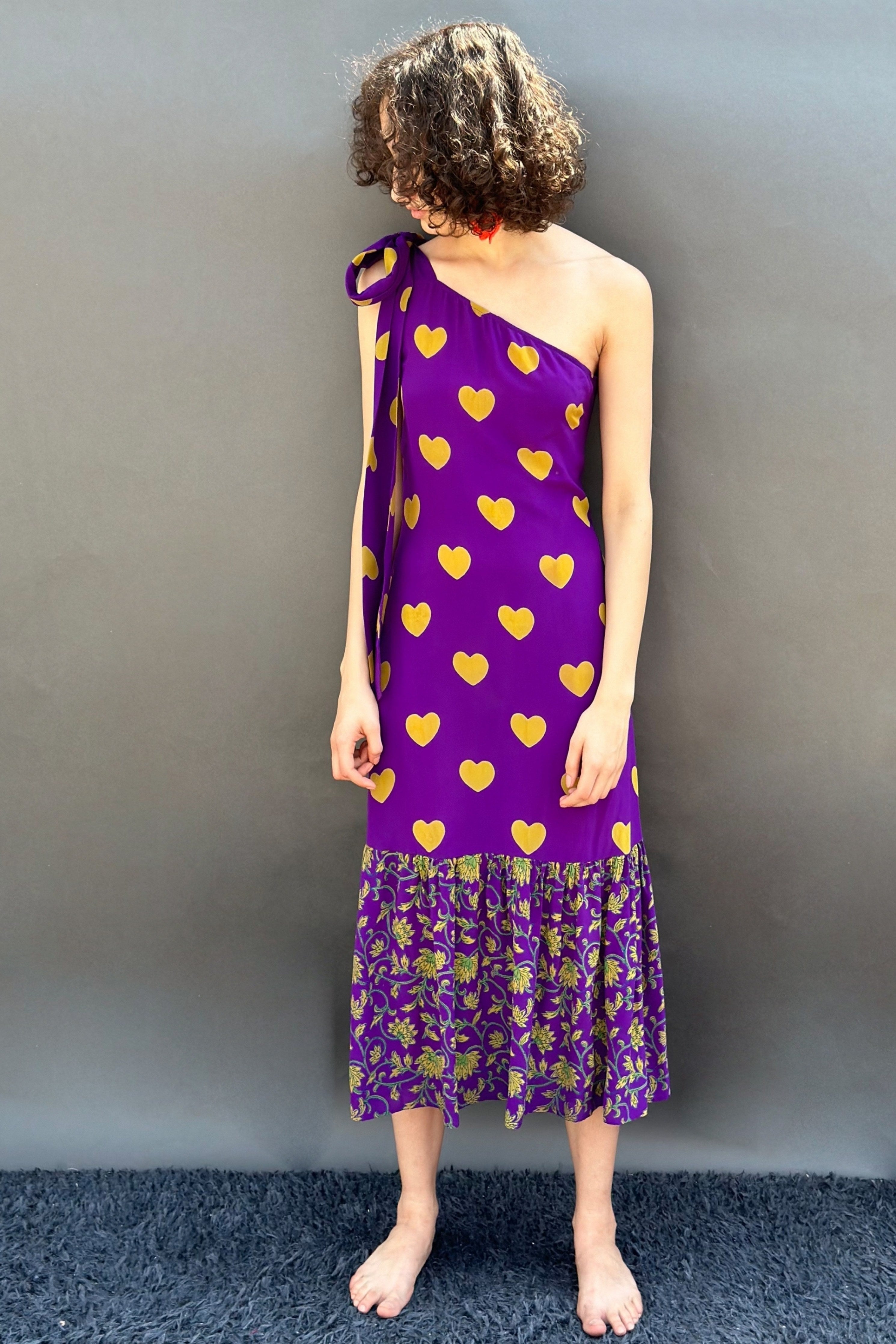 Purple Ochre Hearts & Floral One Shoulder Dress With Tie Up Bows