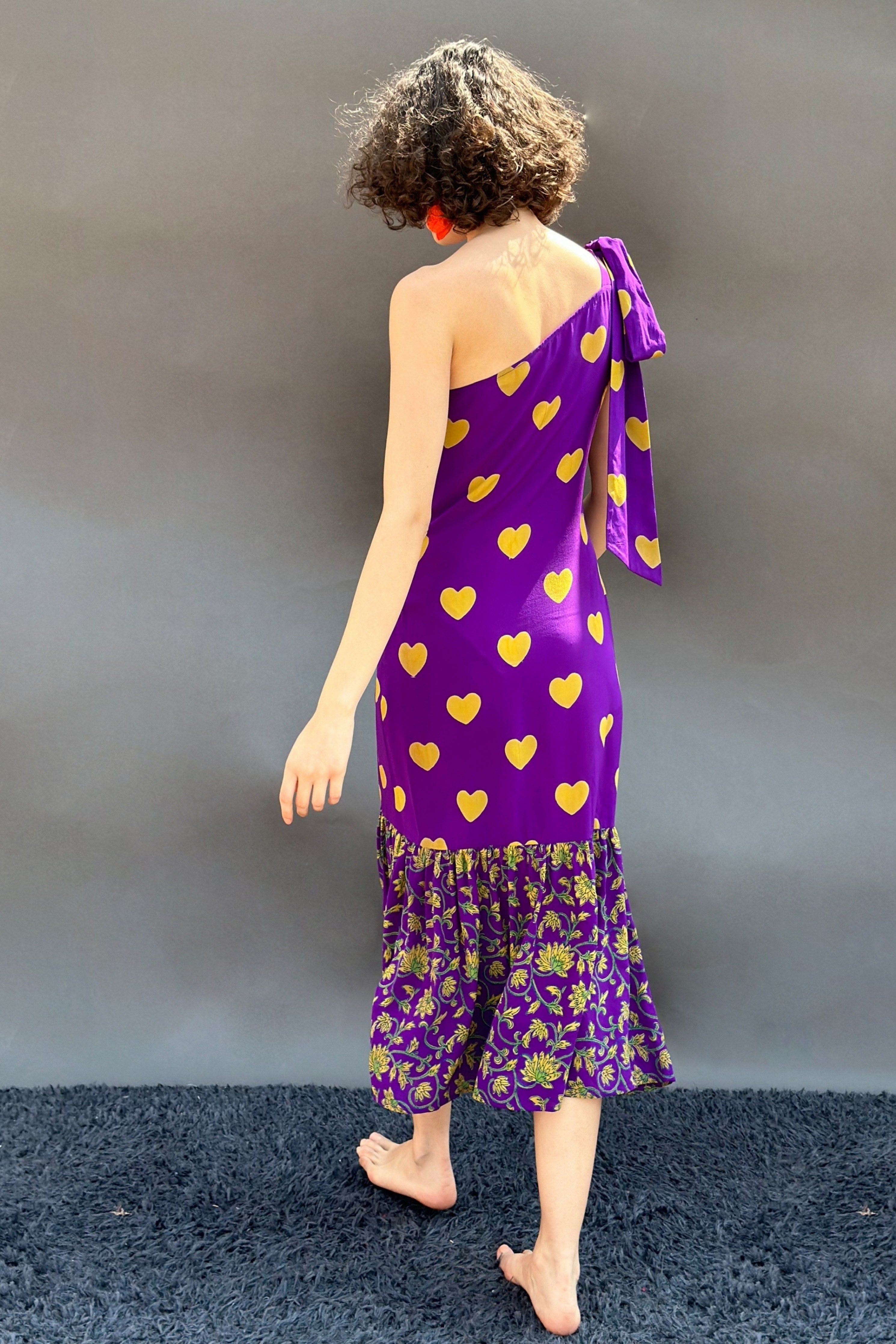Purple Ochre Hearts & Floral One Shoulder Dress With Tie Up Bows