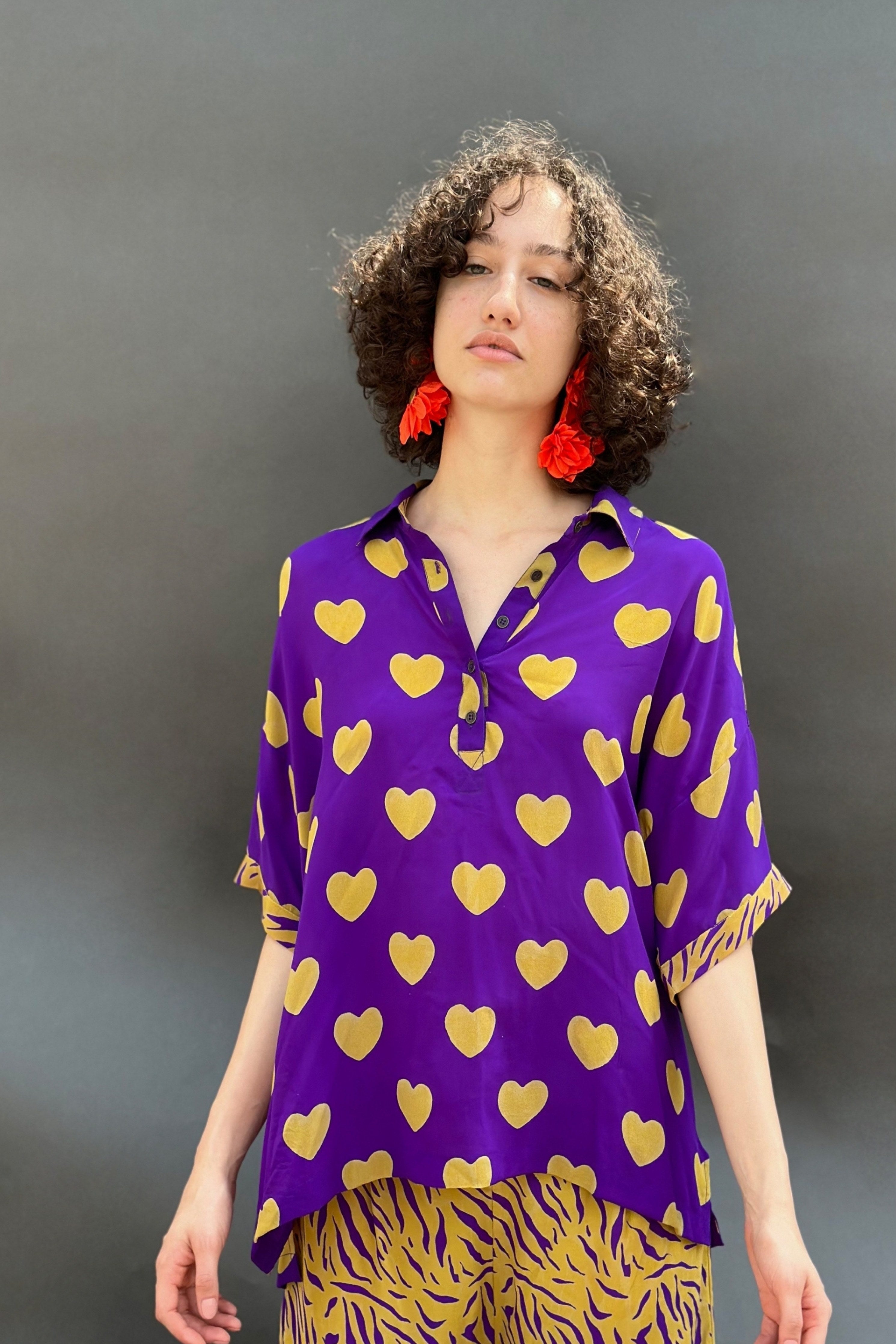 Purple Ochre Heart Print No Armhole Shirt With Zebra Print Wide Legged Pants