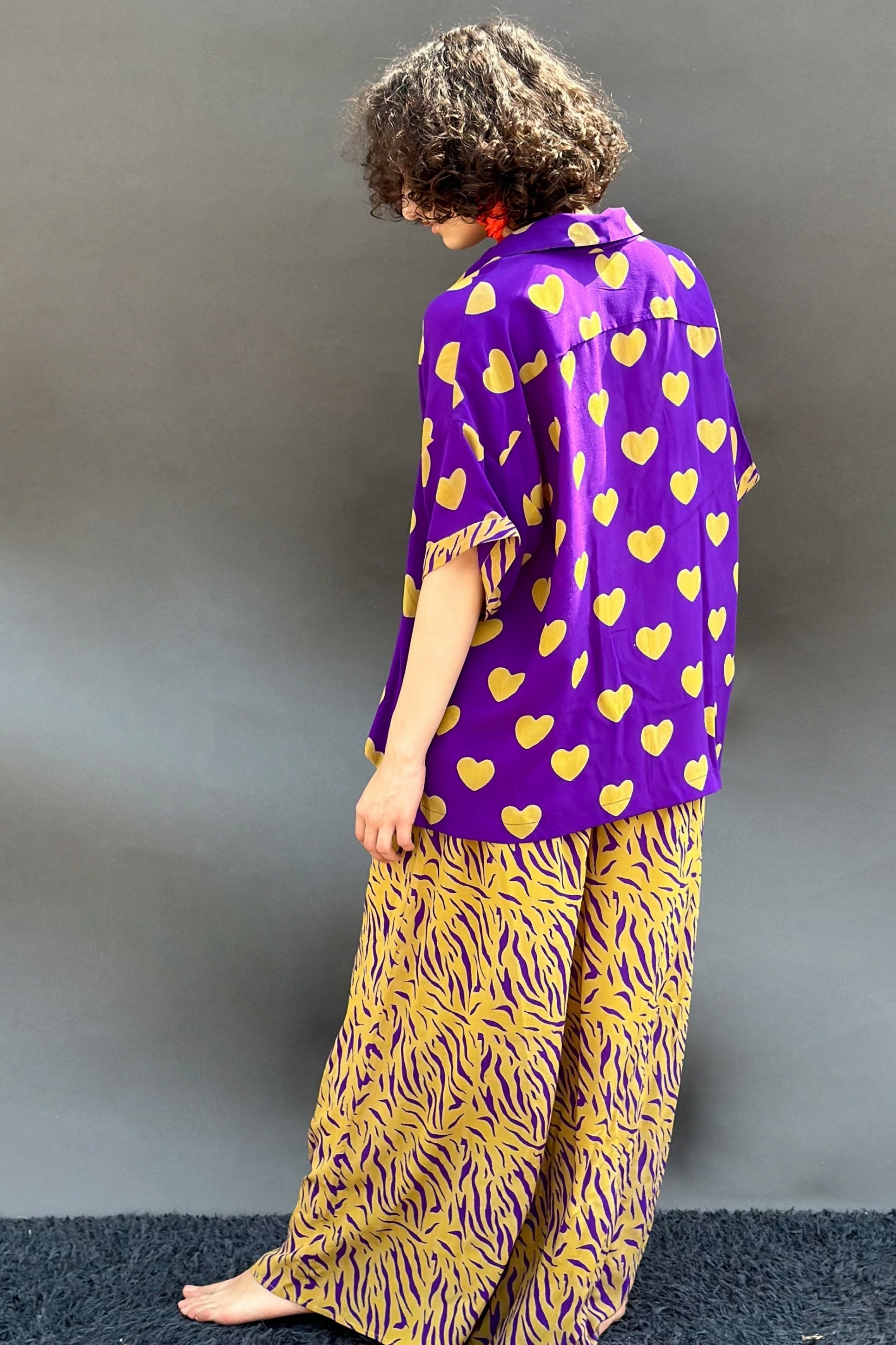 Purple Ochre Heart Print No Armhole Shirt With Zebra Print Wide Legged Pants