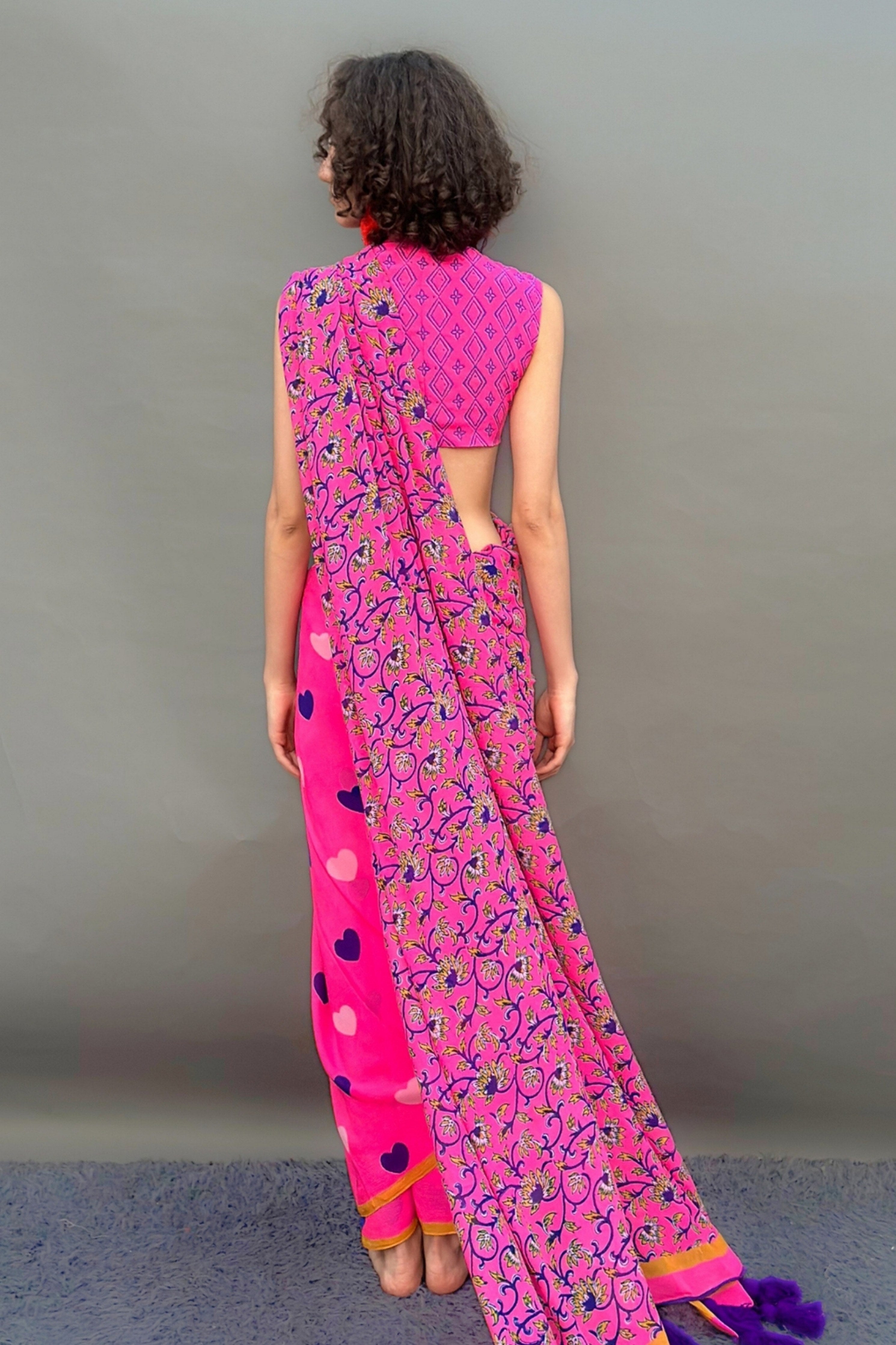 Neon Pink Floral & Heart Print Saree