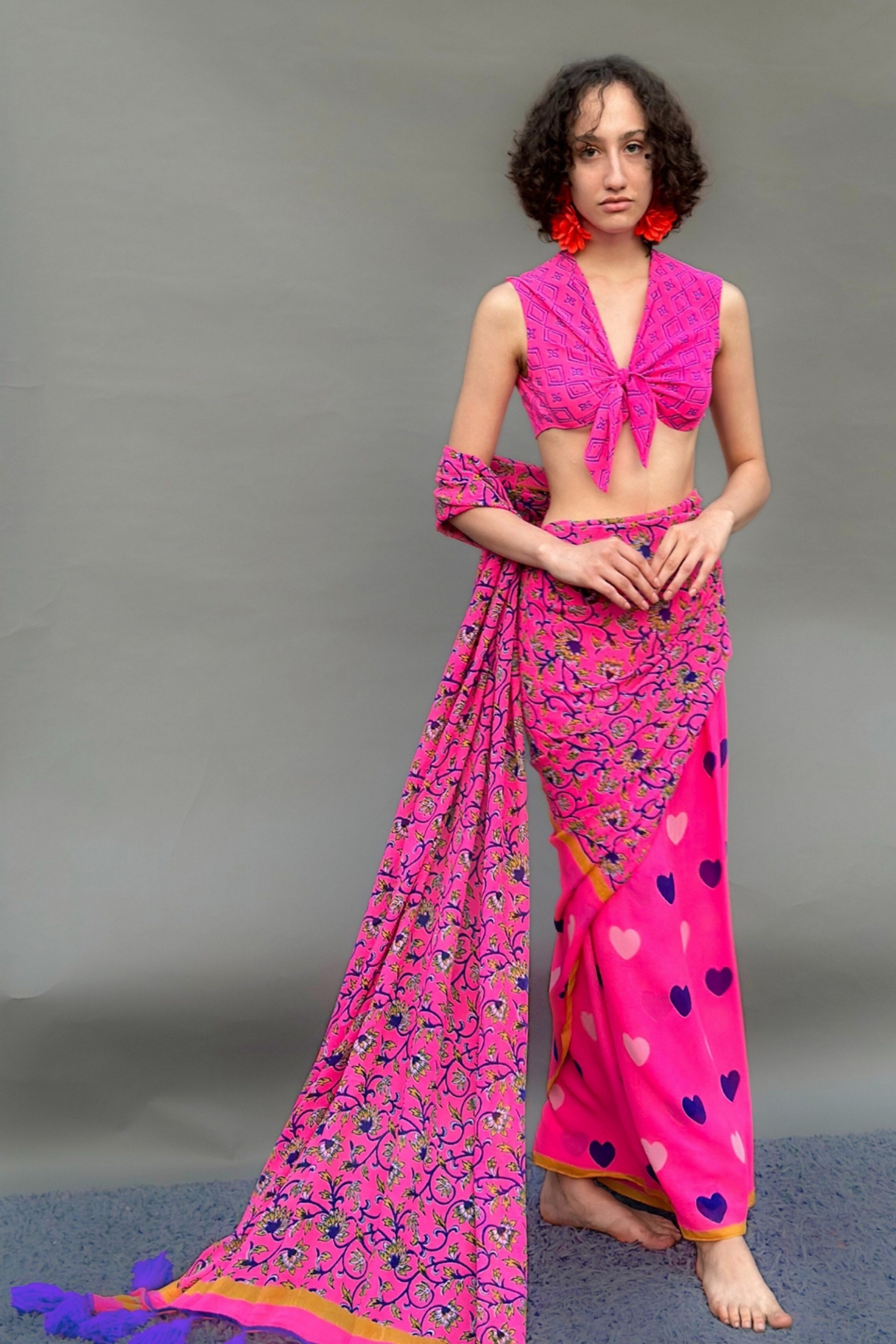 Neon Pink Floral & Heart Print Saree