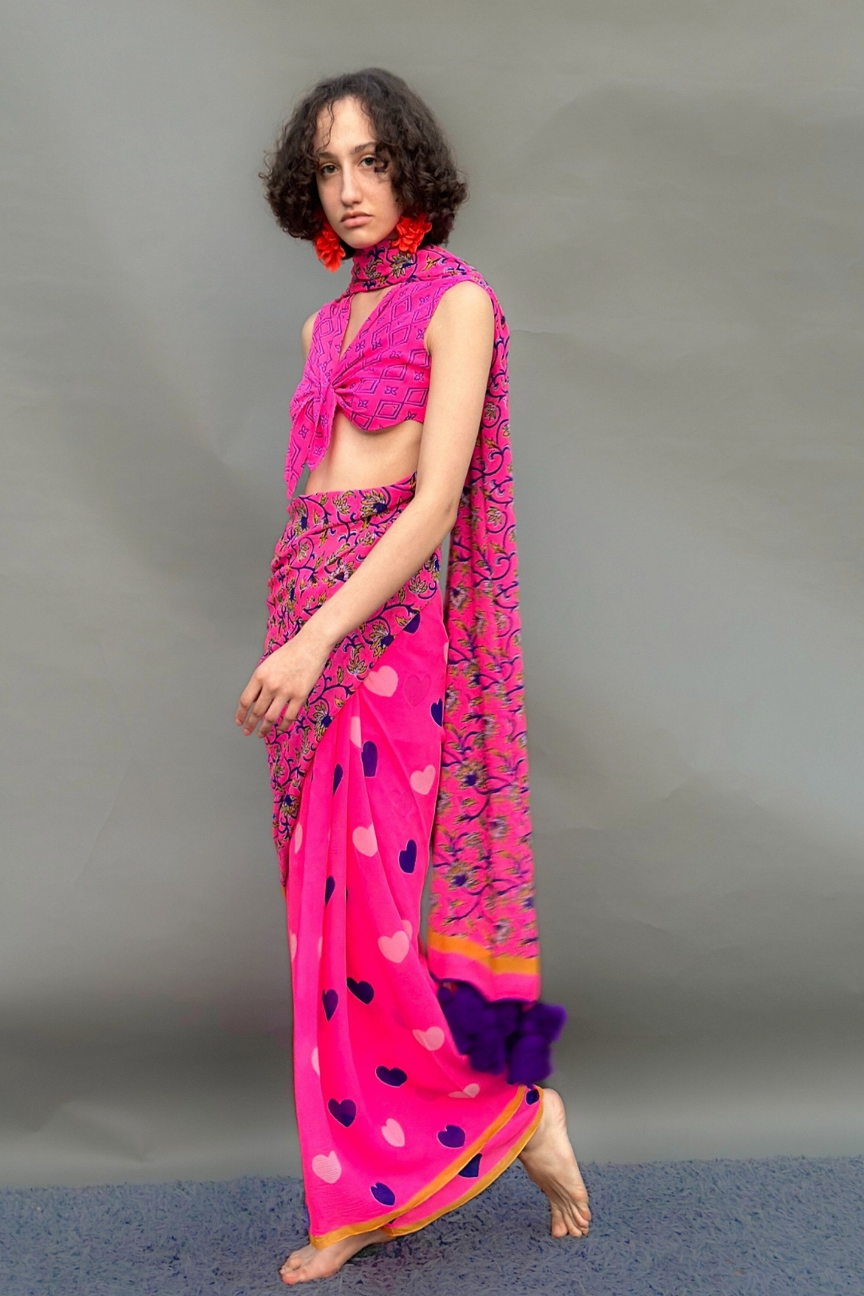 Neon Pink Floral & Heart Print Saree