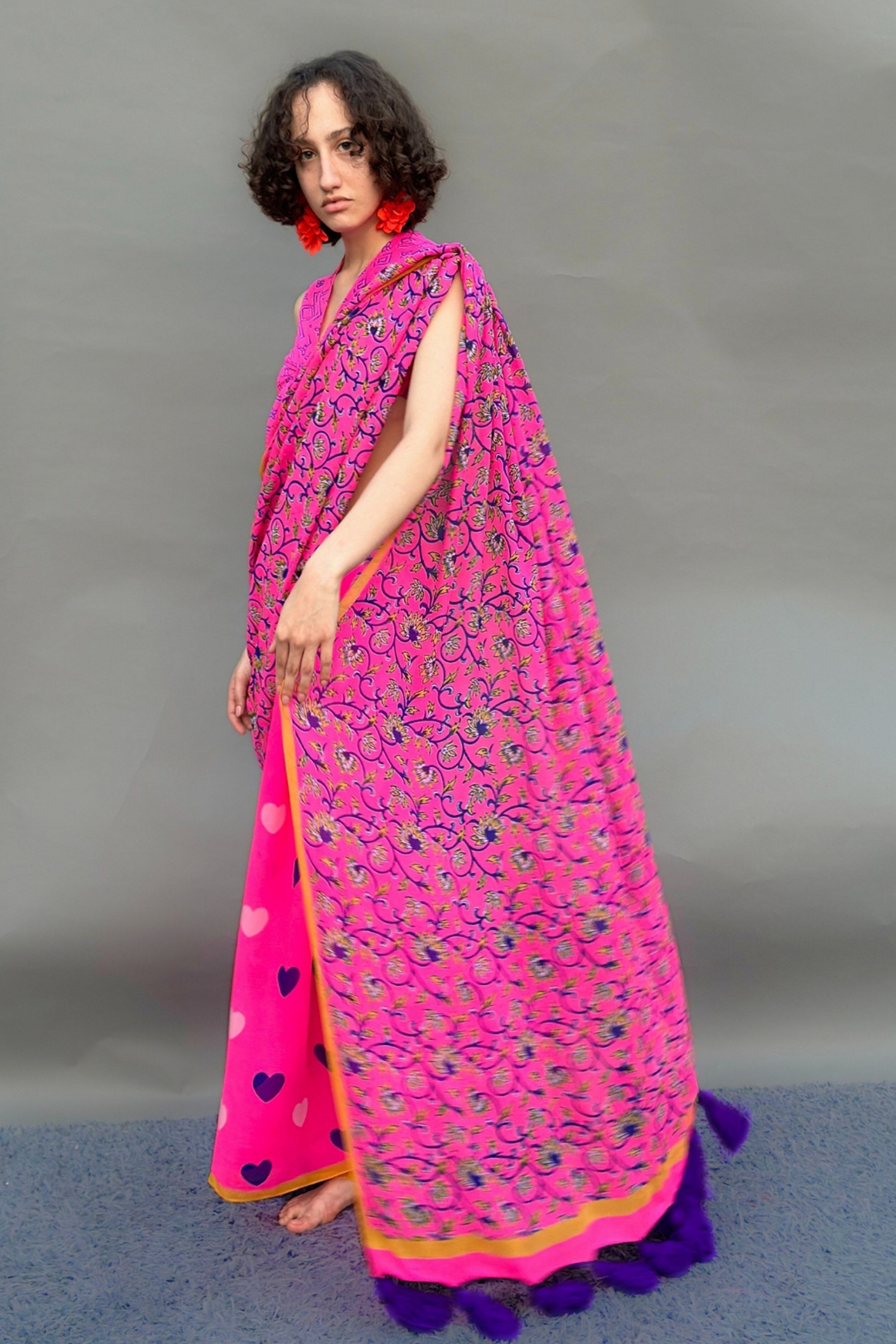 Neon Pink Floral & Heart Print Saree