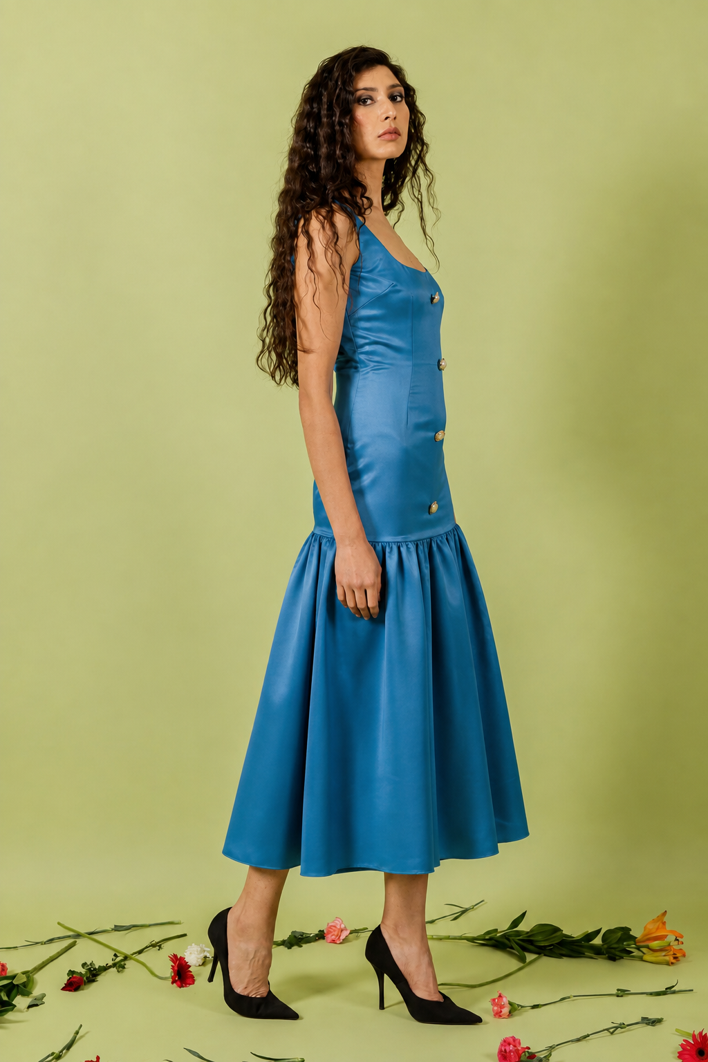 Blue Low Gathered Hem Sleeveless Dress