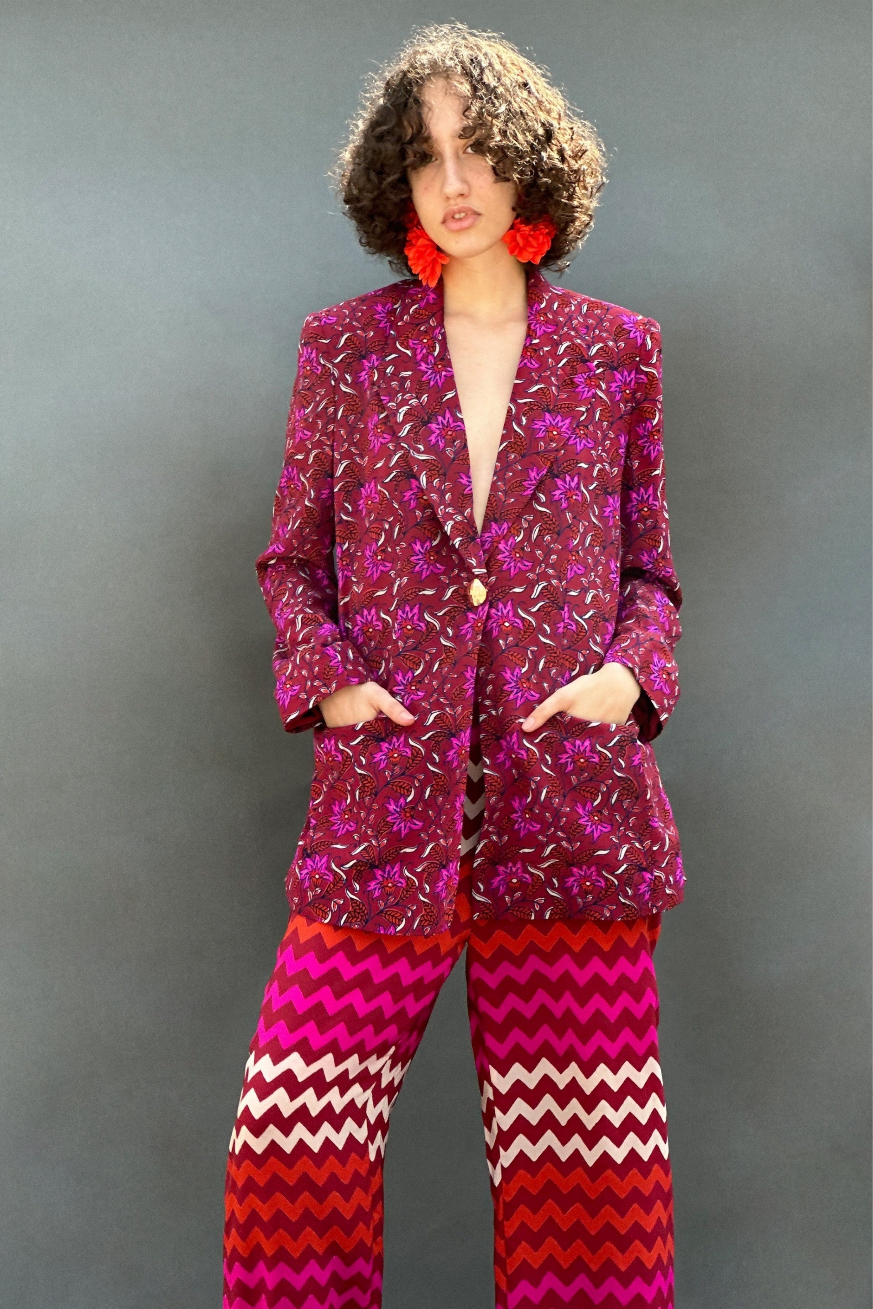 Maroon Floral blazer With Zigzag Stripes Wide Legged Pants