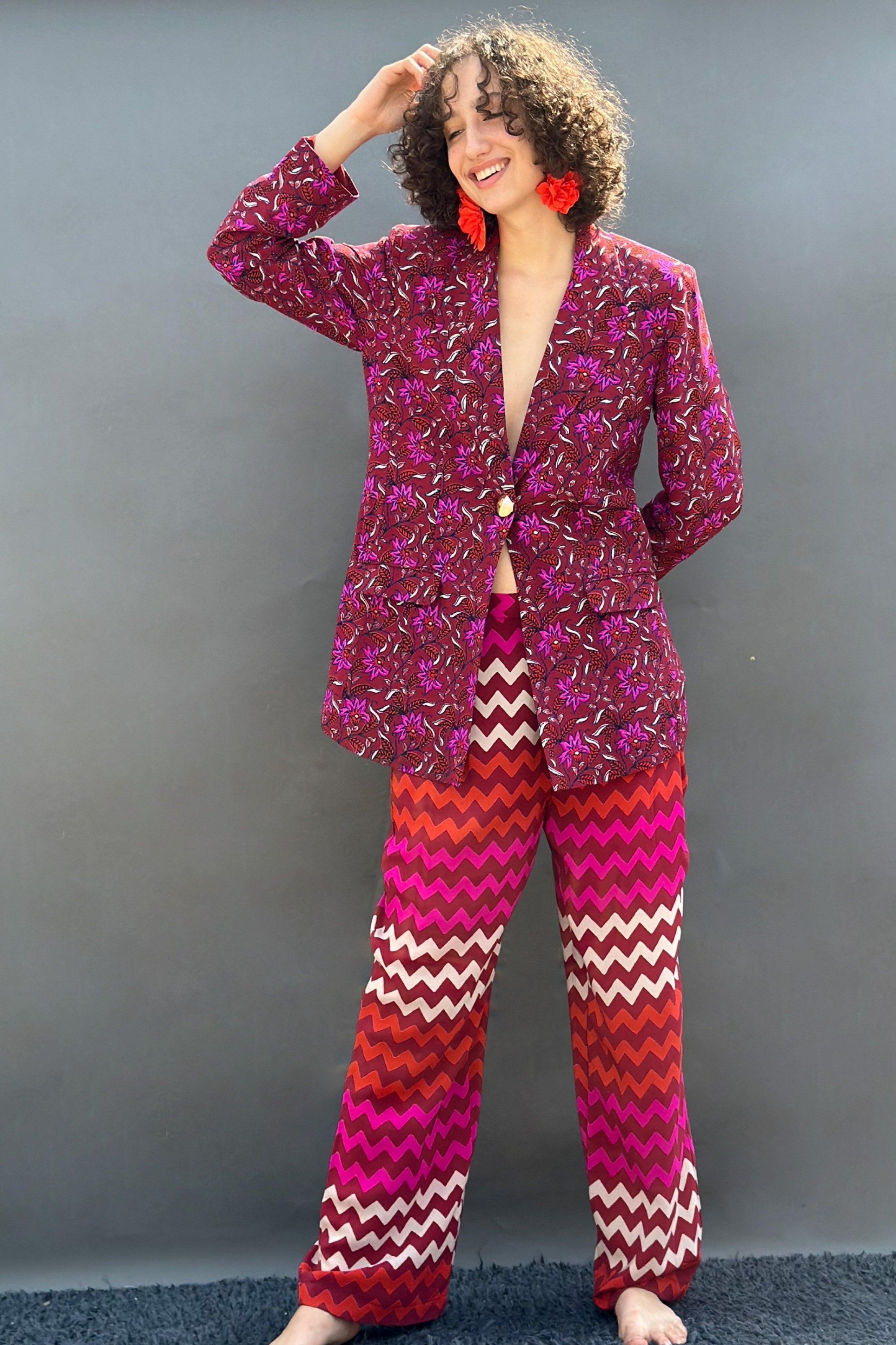 Maroon Floral blazer With Zigzag Stripes Wide Legged Pants