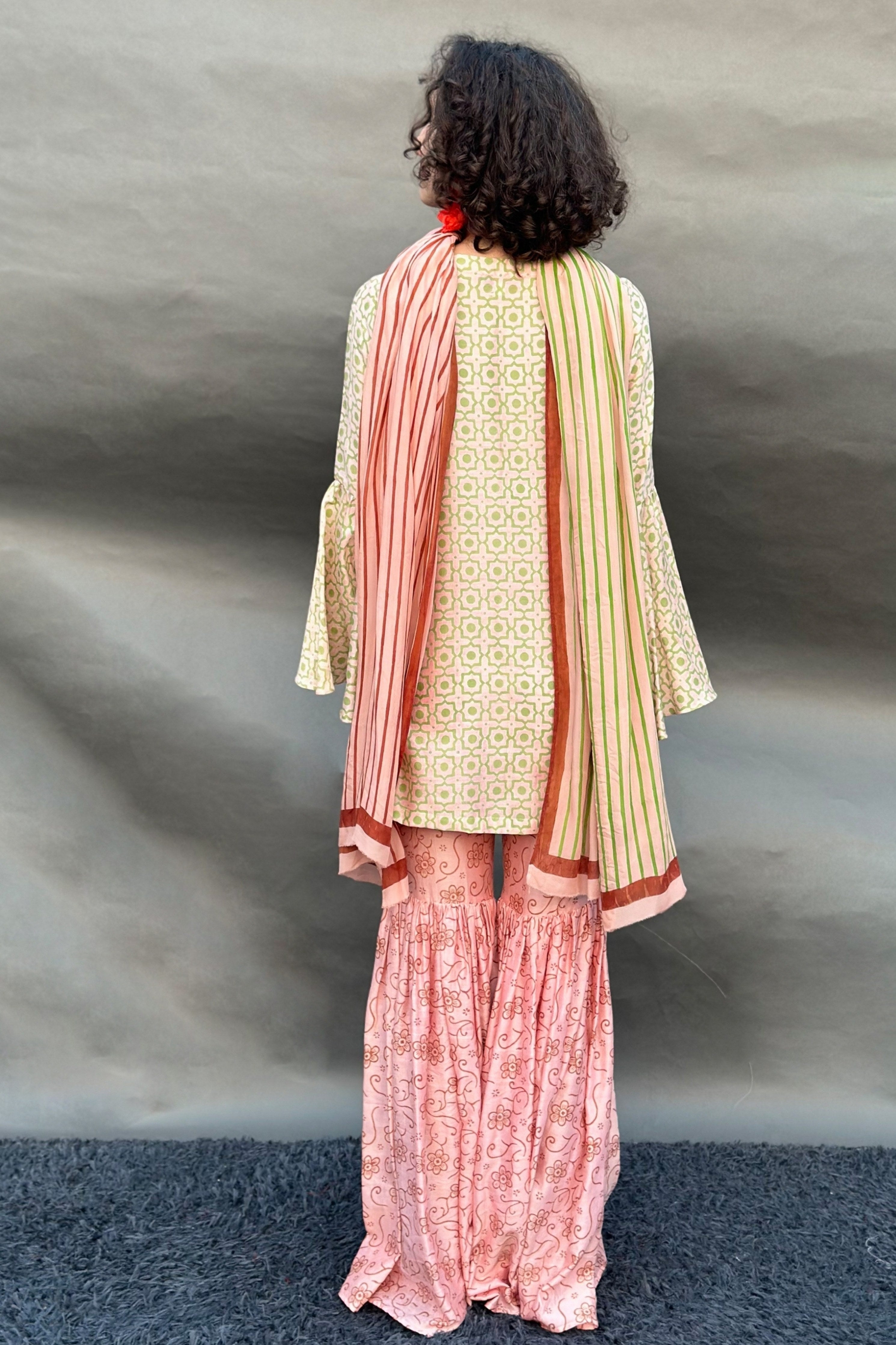 Peach Honeycomb & Floral Print Sharara Set