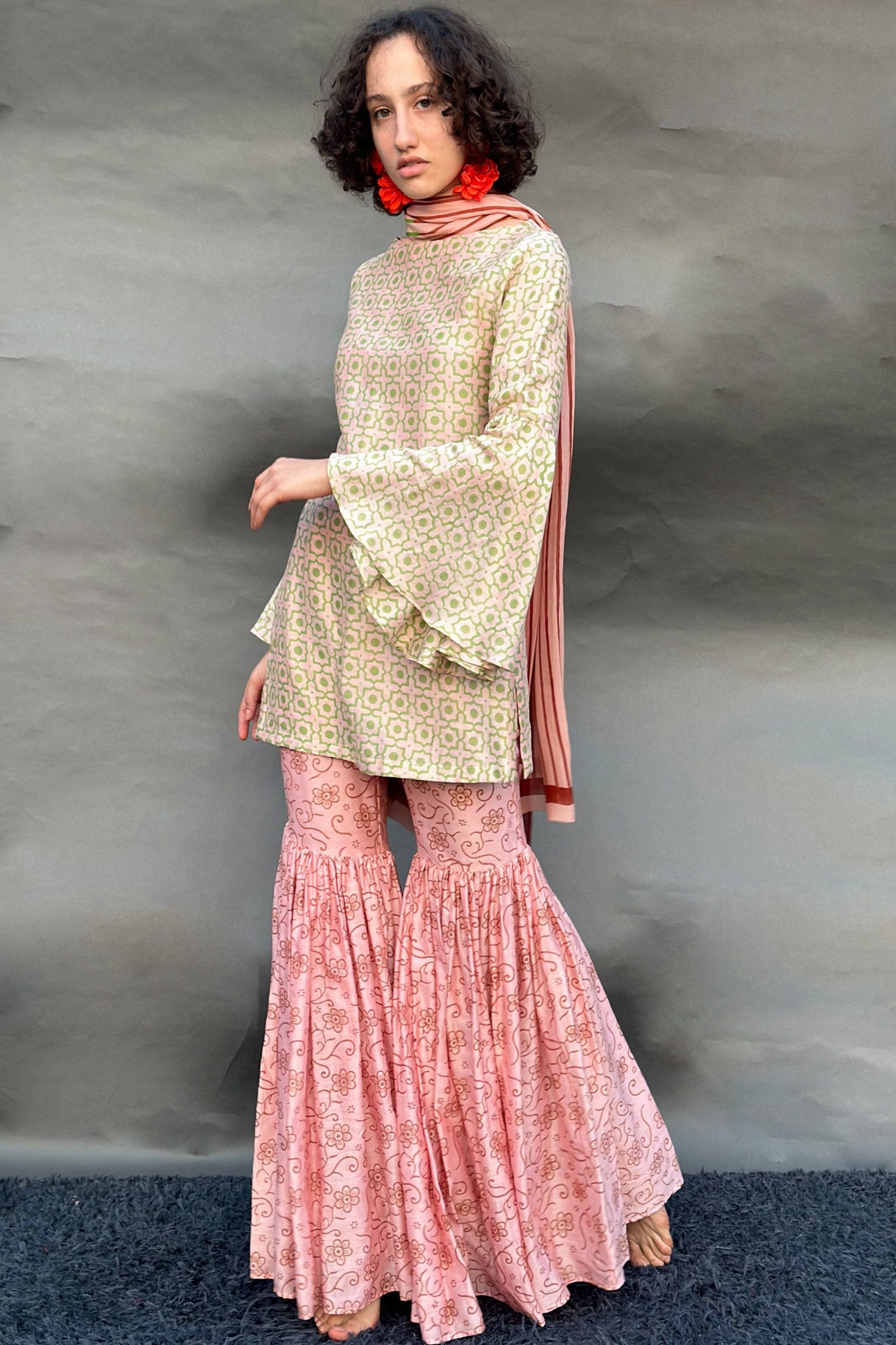 Peach Honeycomb & Floral Print Sharara Set