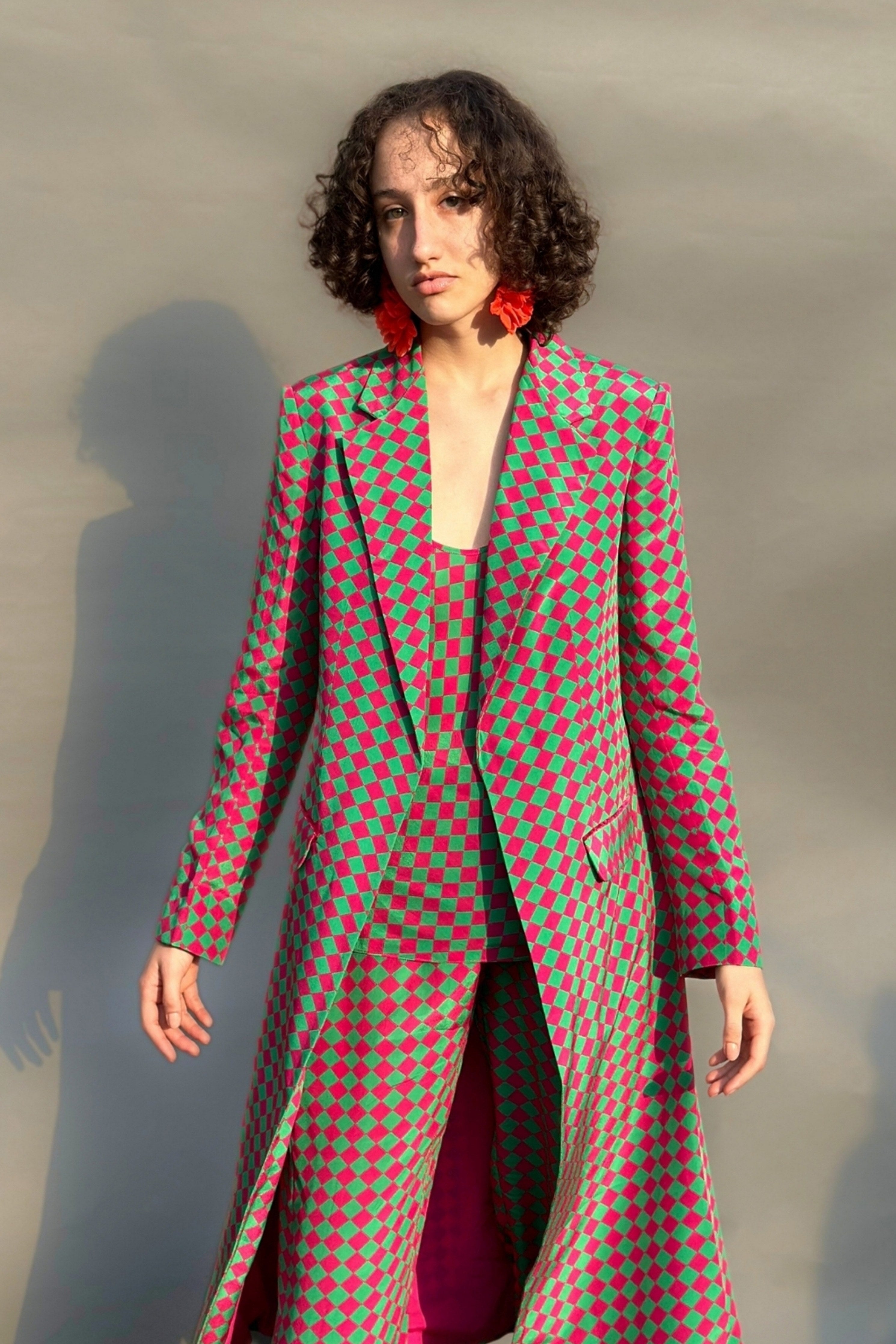 Green & Pink Trench Coat With Camisole And Pants