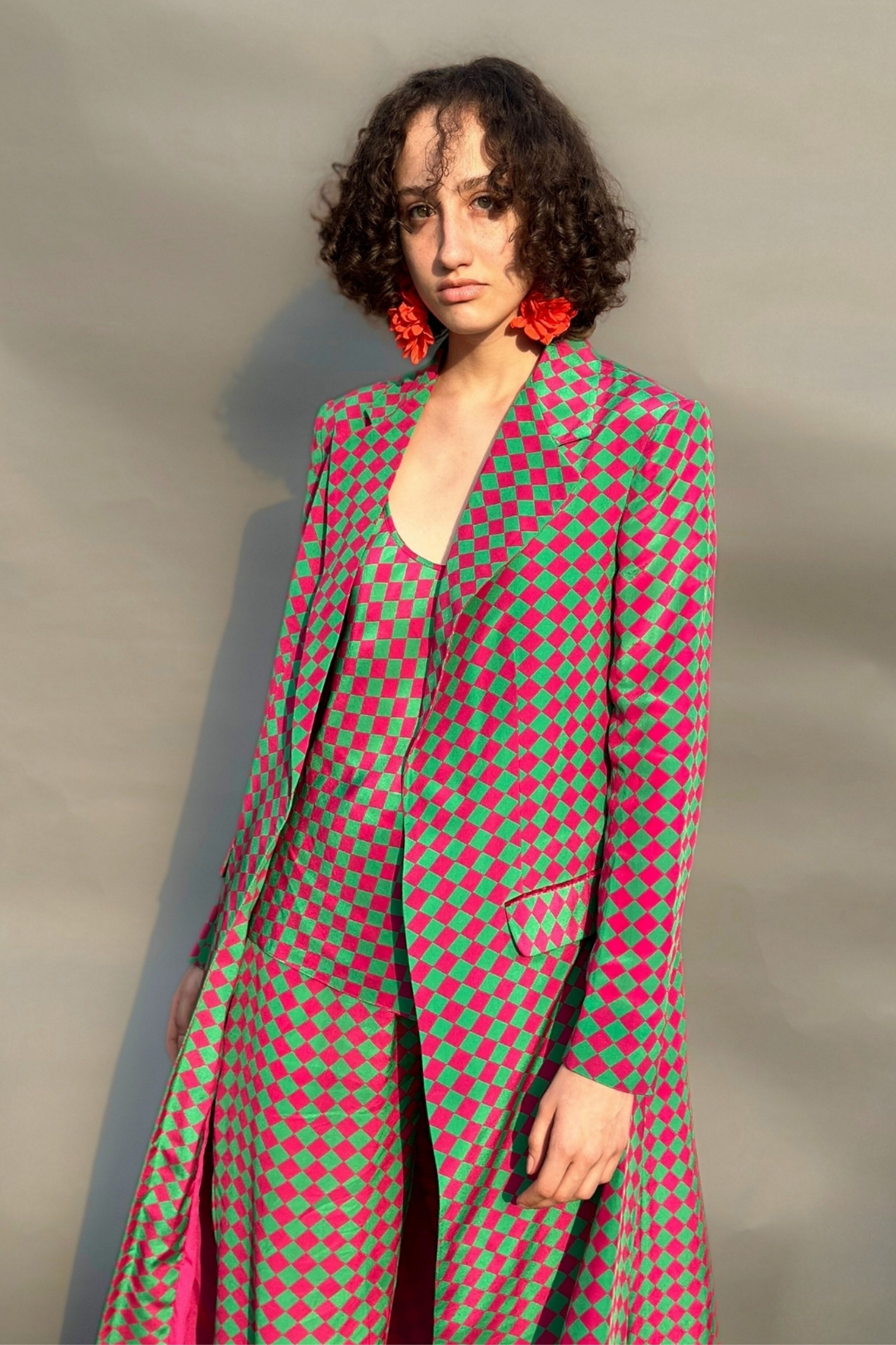 Green & Pink Trench Coat With Camisole And Pants