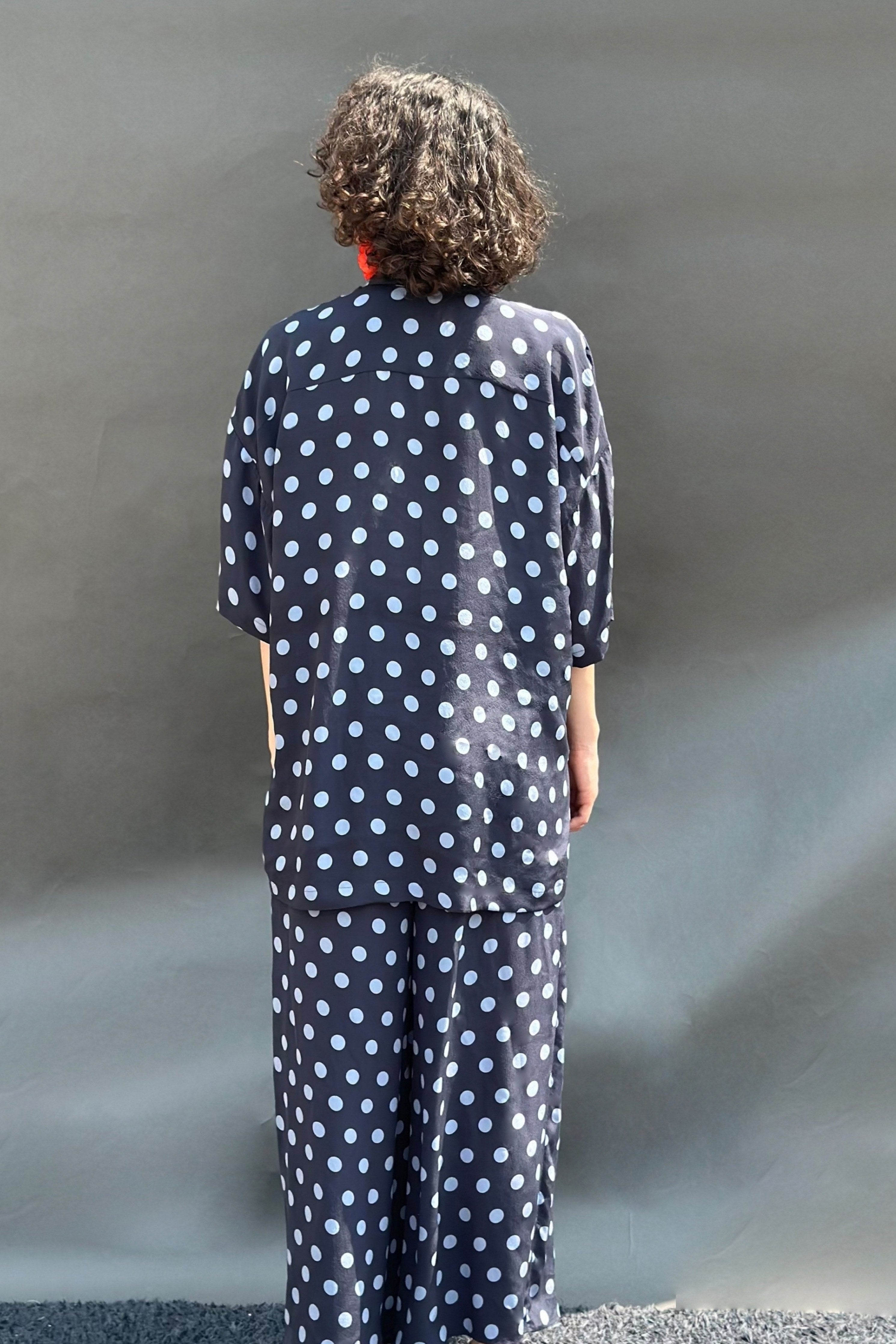 Blue & Black Polka Print No Armhole Shirt & Wide Legged Pants