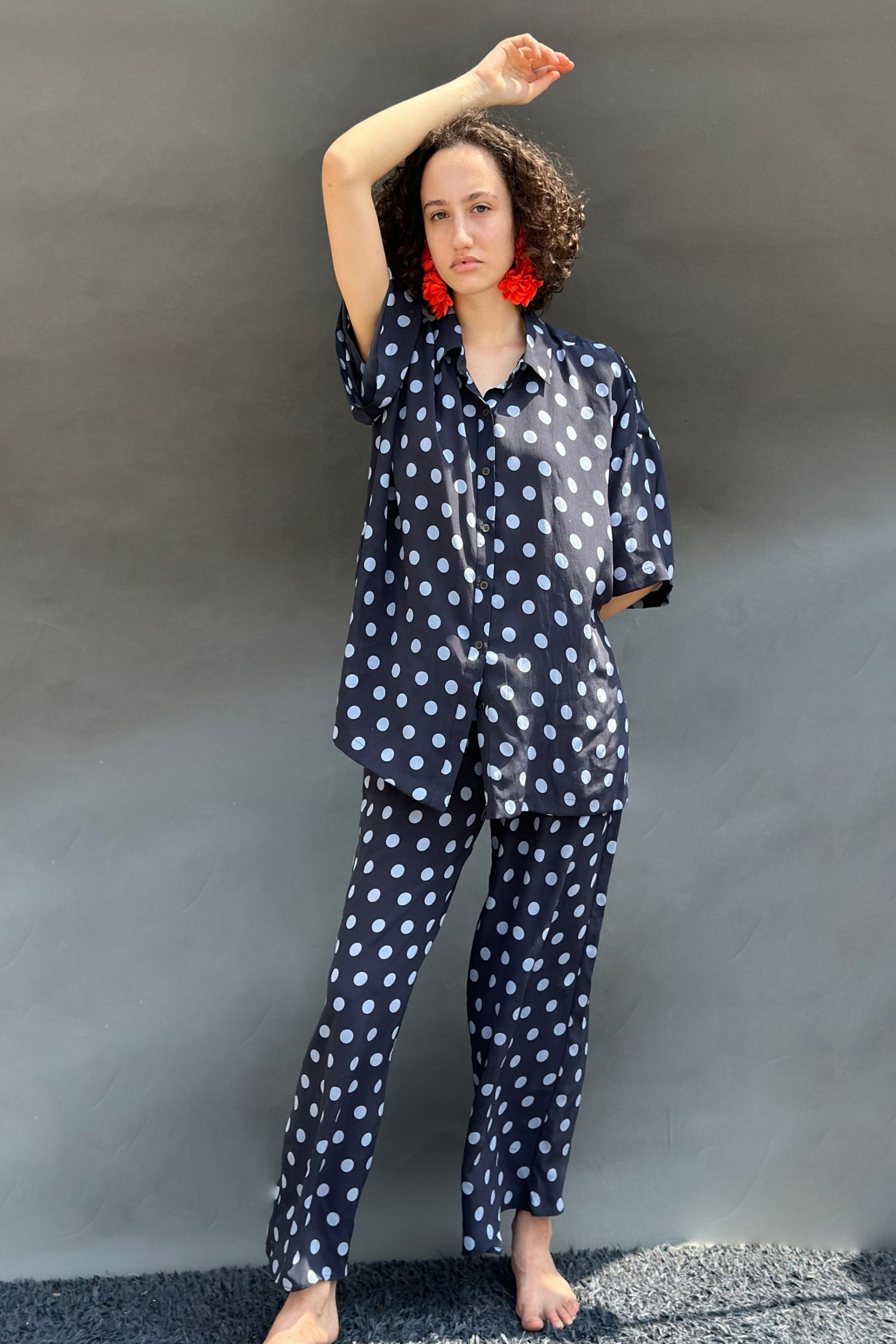Blue & Black Polka Print No Armhole Shirt & Wide Legged Pants