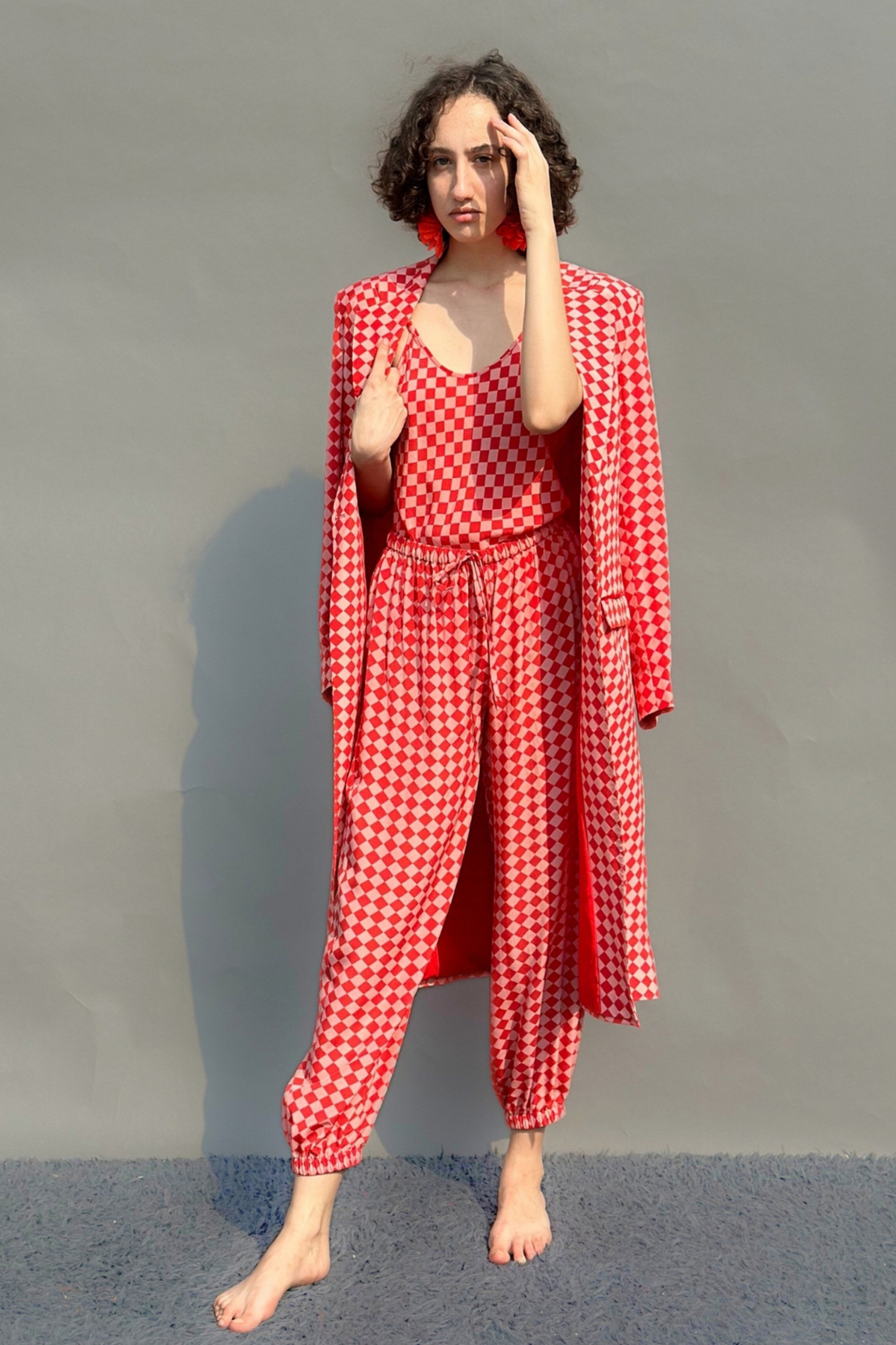 Pink & Red Check Print Trench With Camisole & Balloon Pants