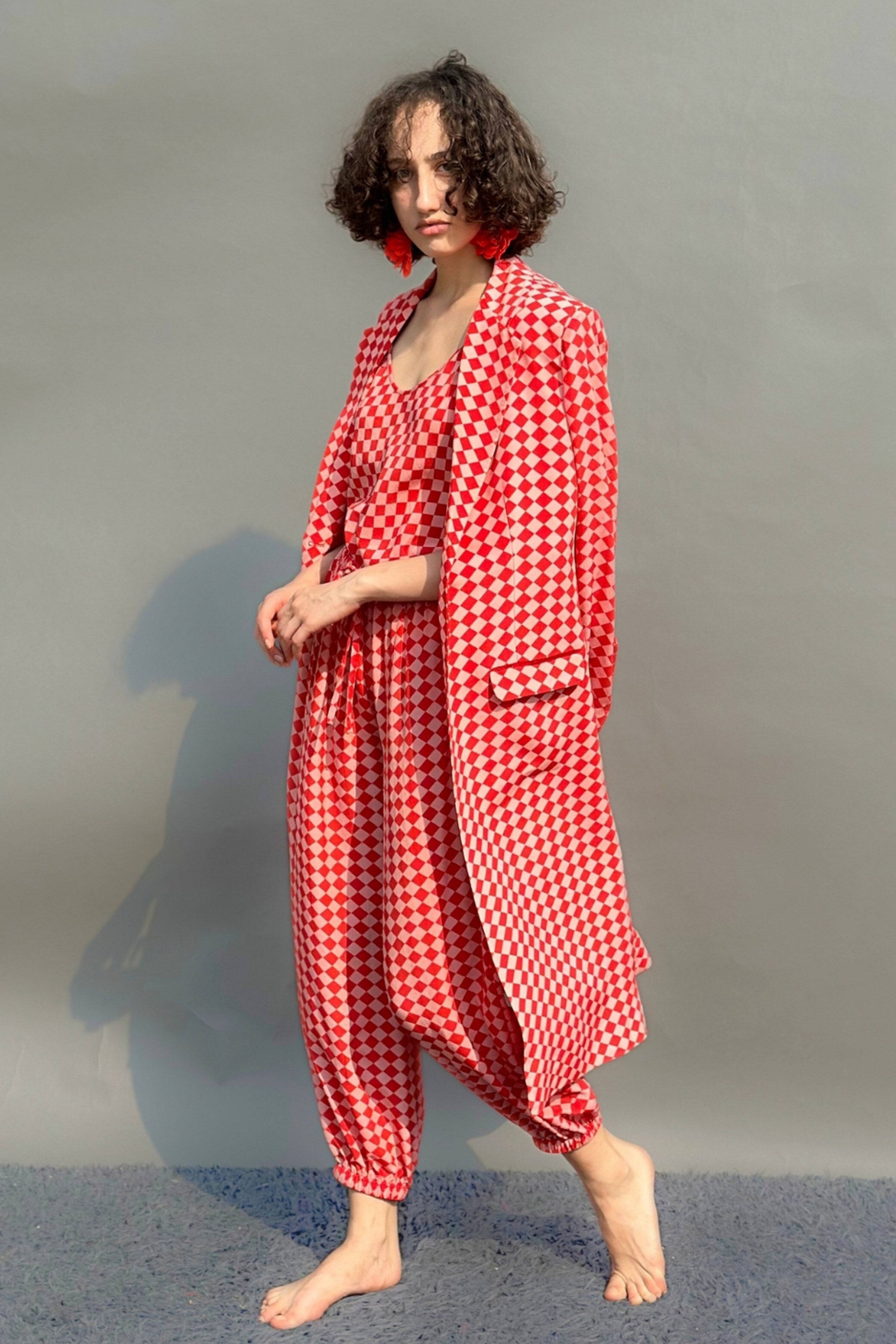 Pink & Red Check Print Trench With Camisole & Balloon Pants