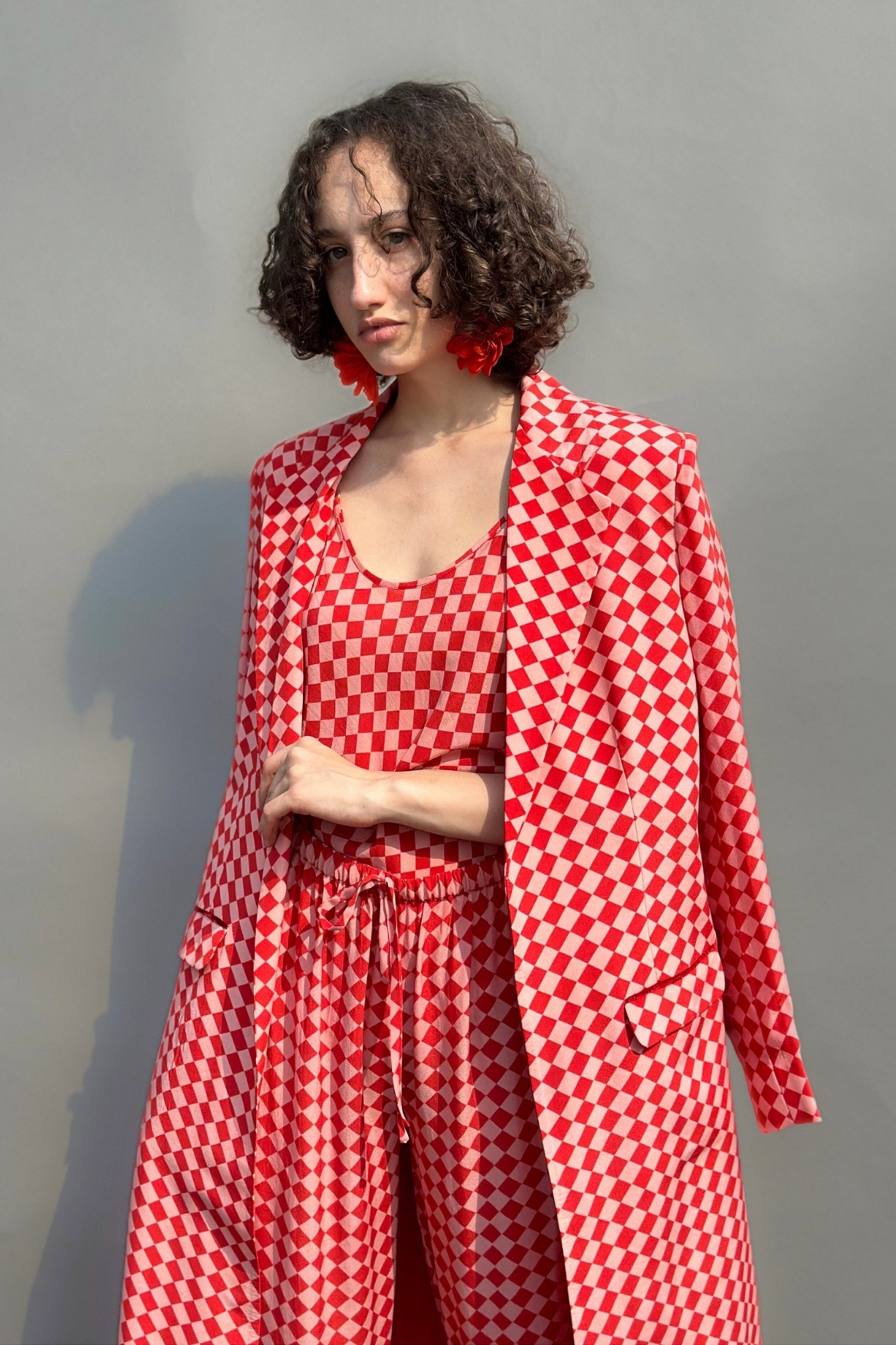 Pink & Red Check Print Trench With Camisole & Balloon Pants