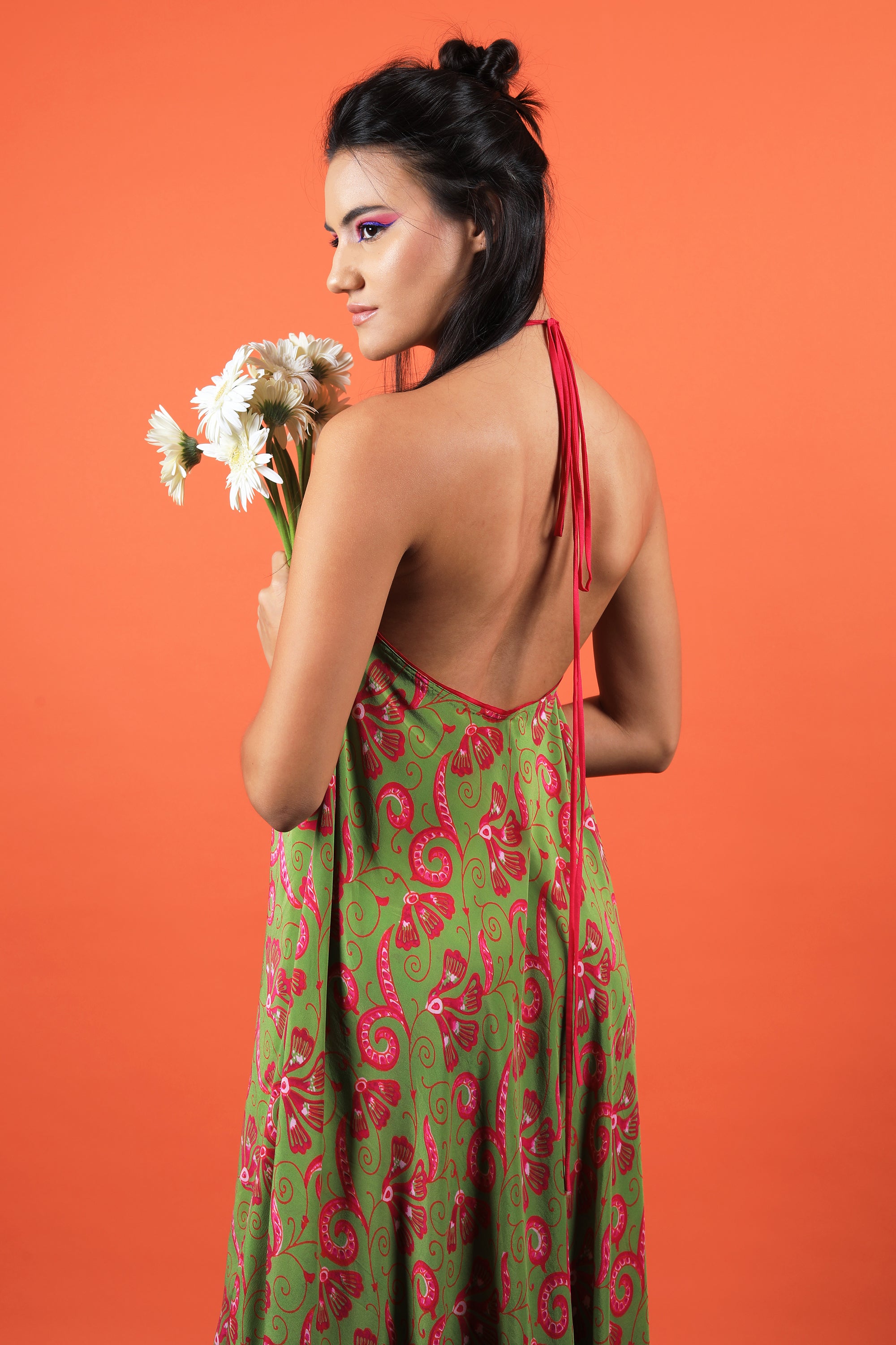 Olive & Fuchsia Floral Print Bias Maxi Dress With Halter Strings Tie Up