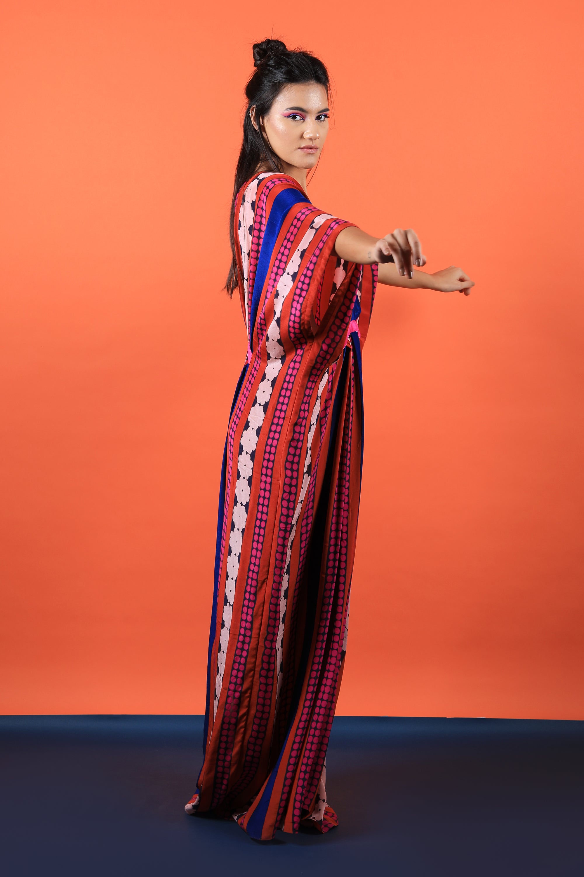 Red & Fuchsia V Neck Kaftan Dress