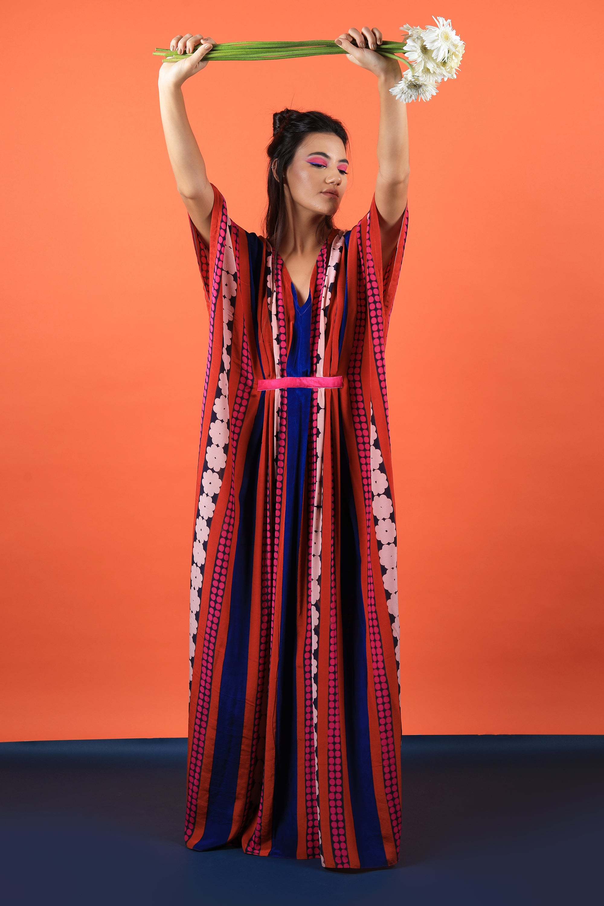 Red & Fuchsia V Neck Kaftan Dress