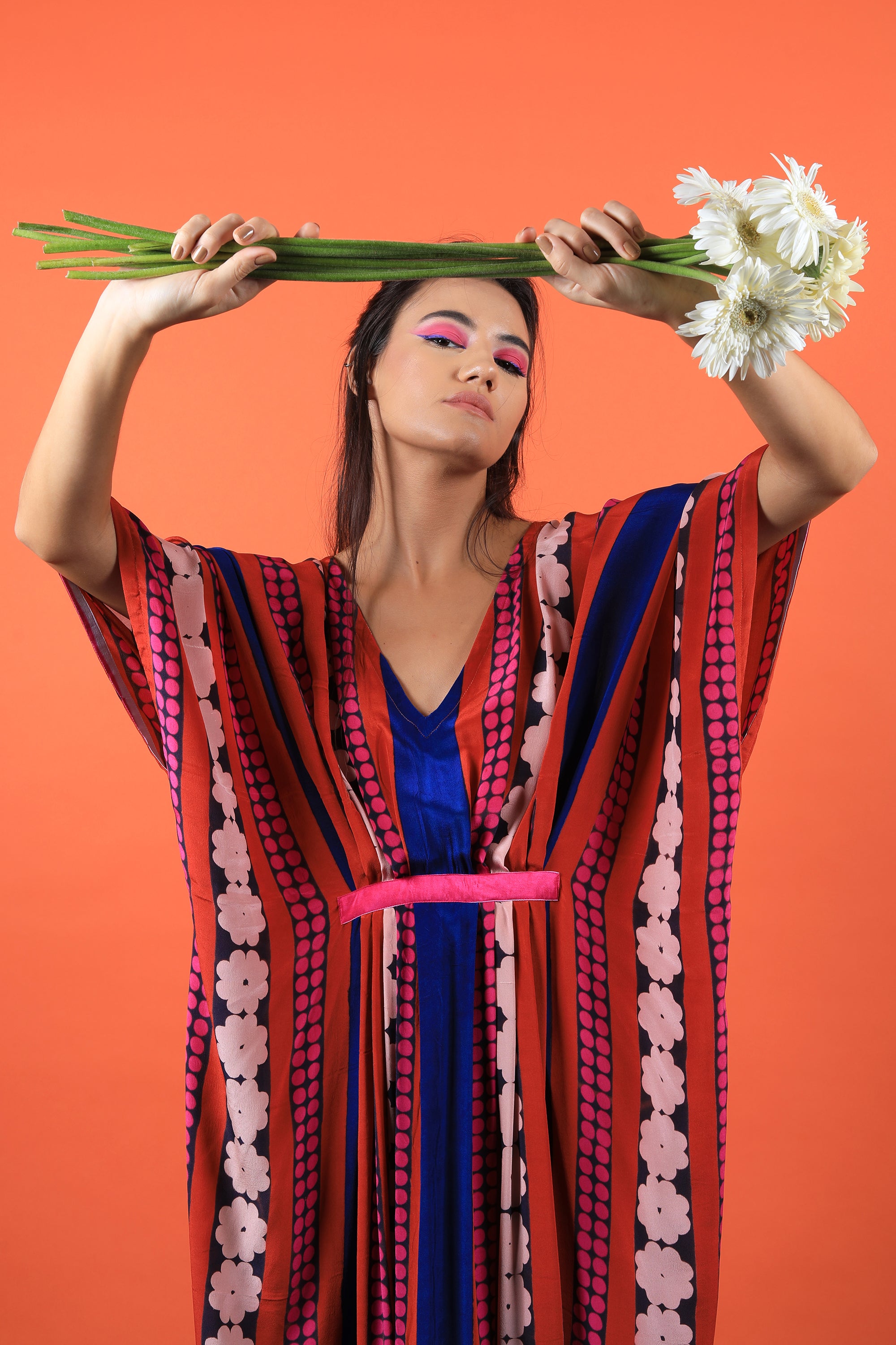 Red & Fuchsia V Neck Kaftan Dress