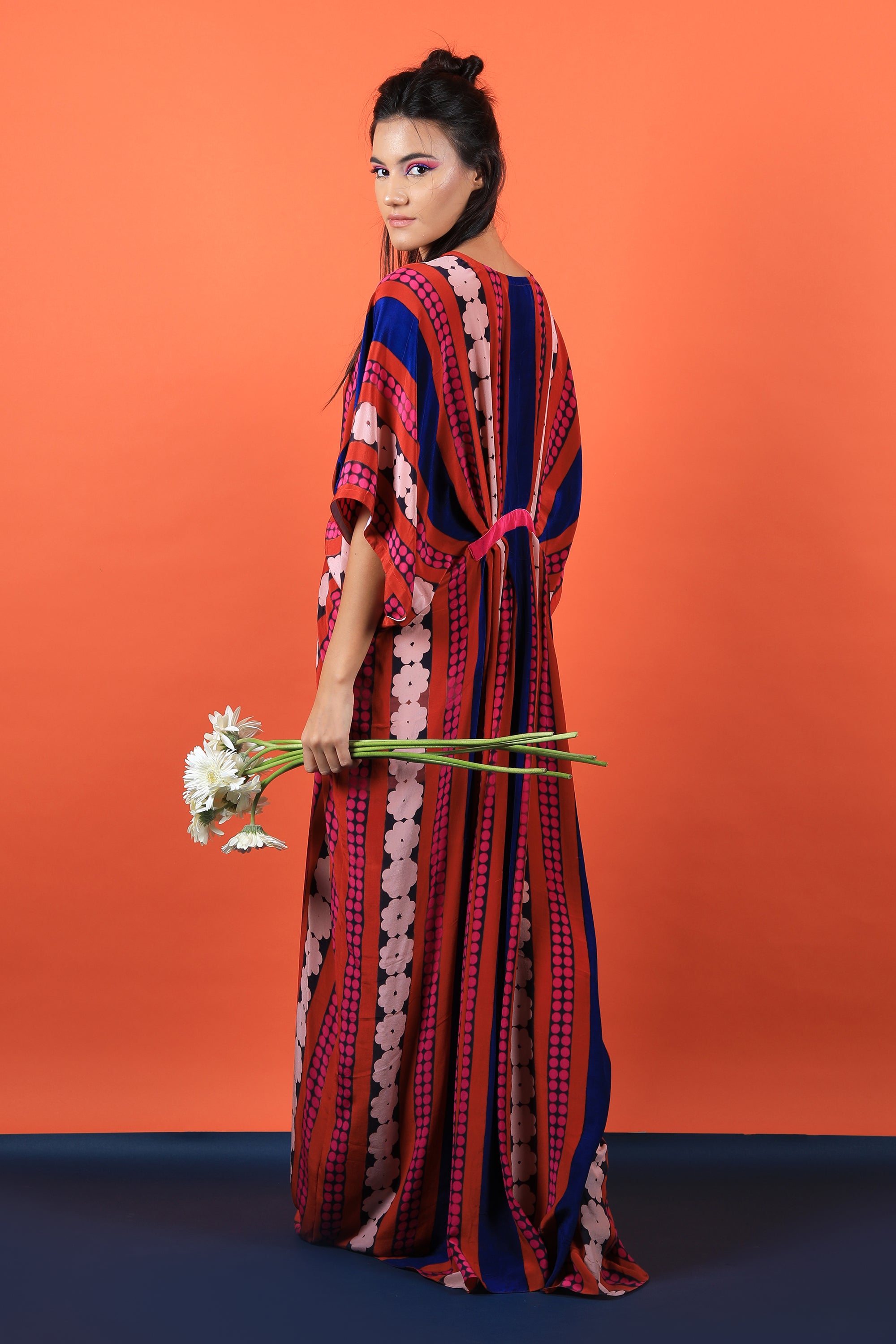 Red & Fuchsia V Neck Kaftan Dress