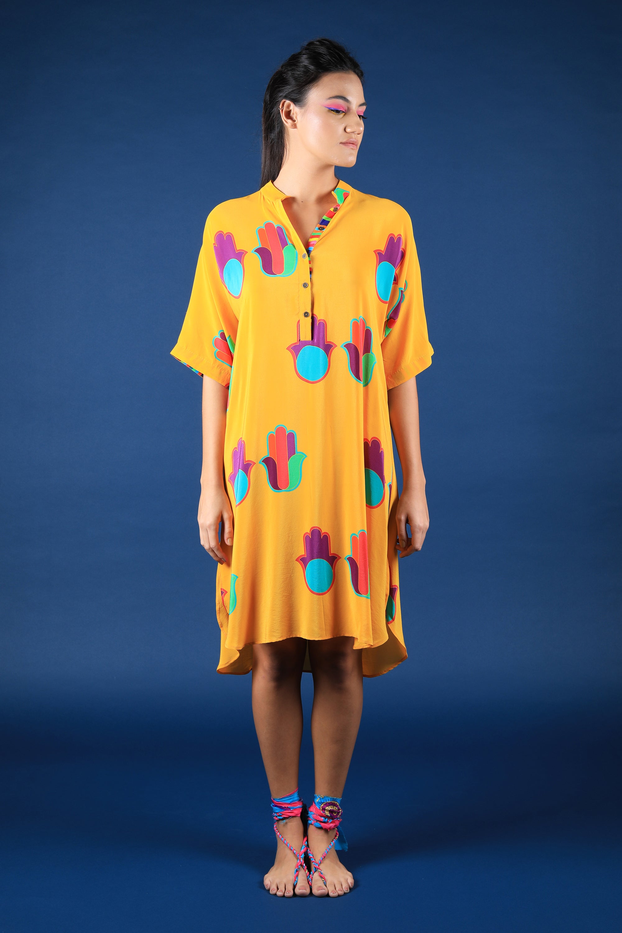 Mustard Hamsa Print Shift Shirt Dress