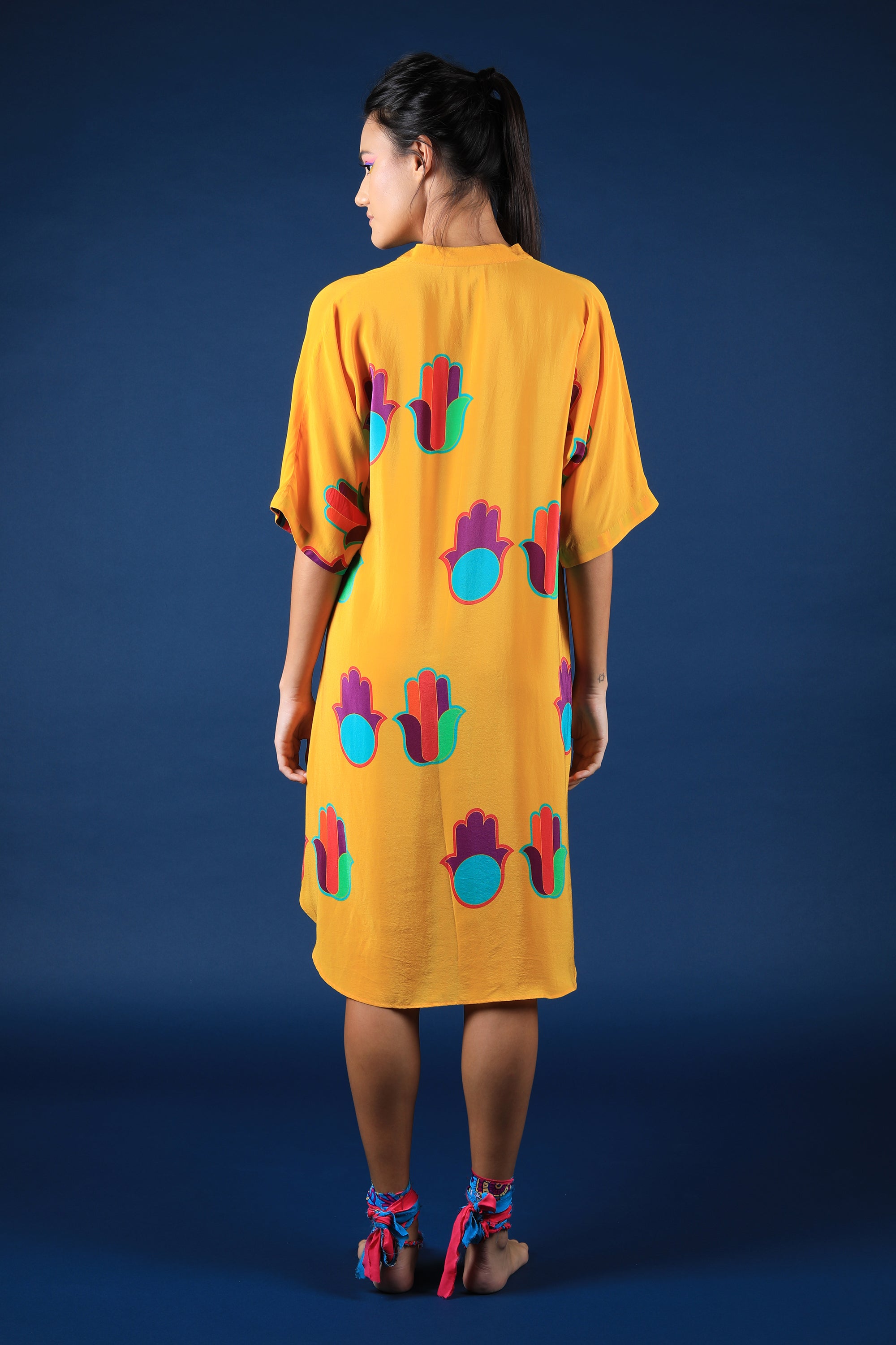 Mustard Hamsa Print Shift Shirt Dress