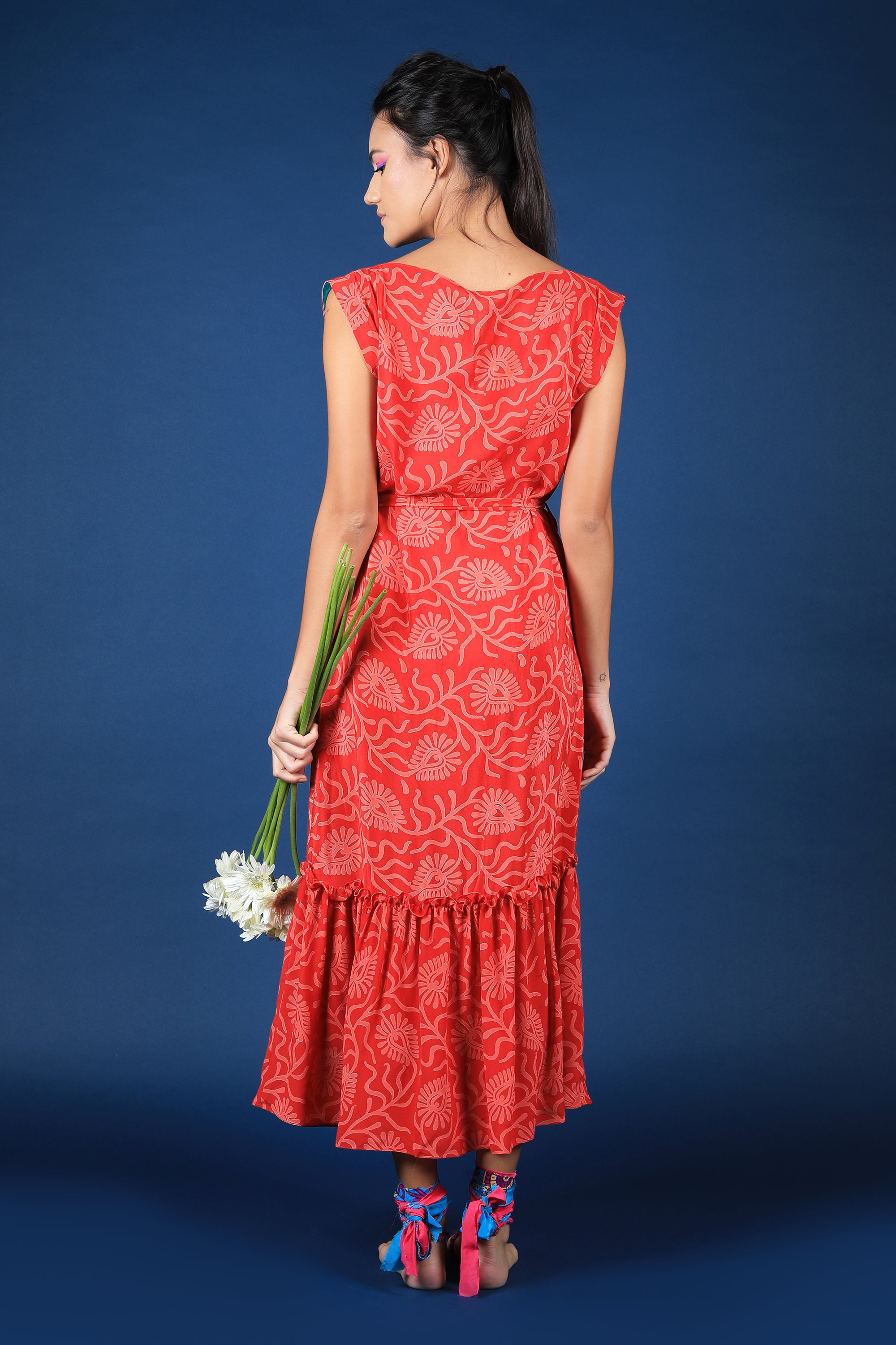 Red & Pink Boat Neck Free Size Dress With Ruffle Hem