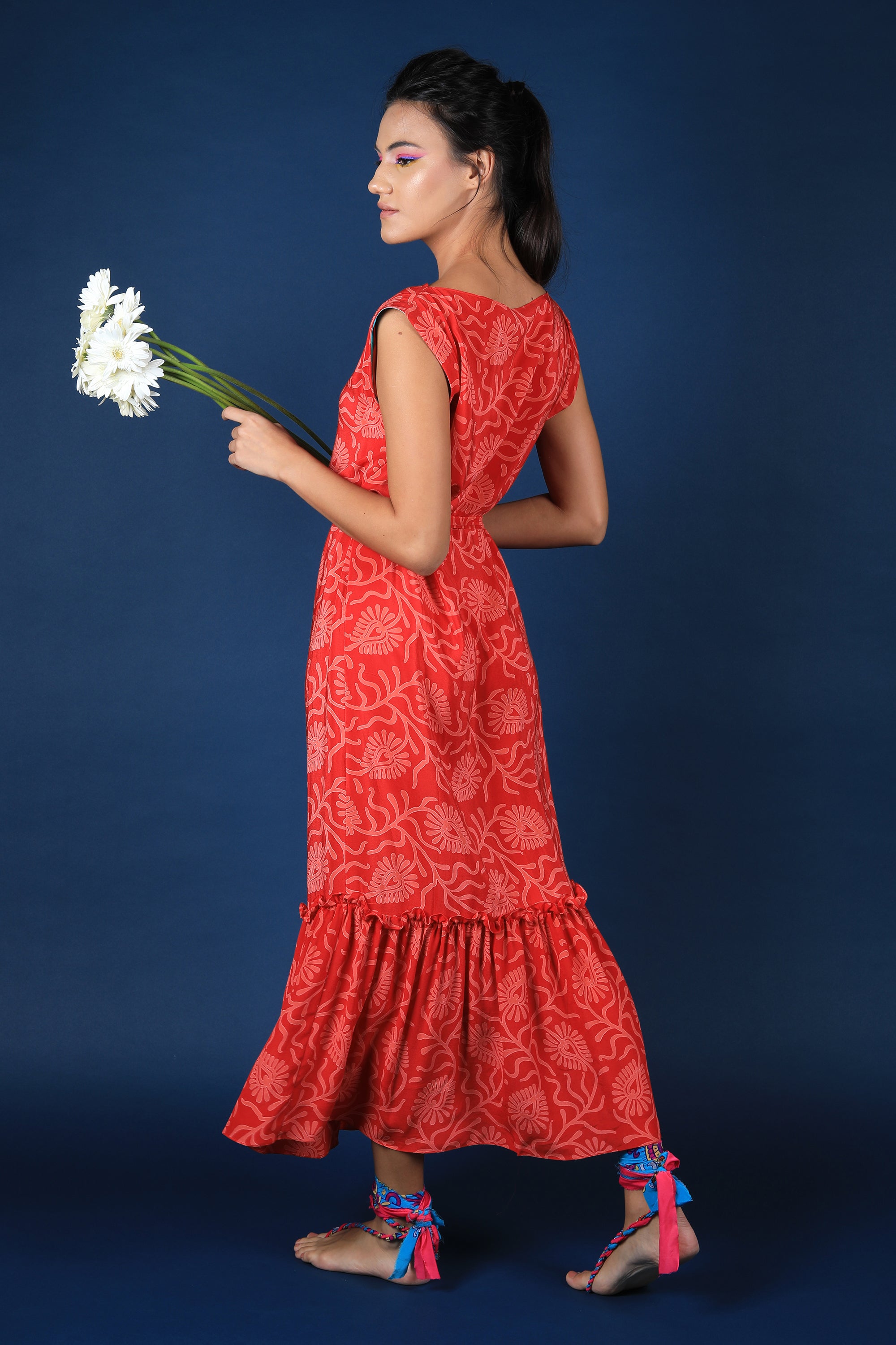 Red & Pink Boat Neck Free Size Dress With Ruffle Hem