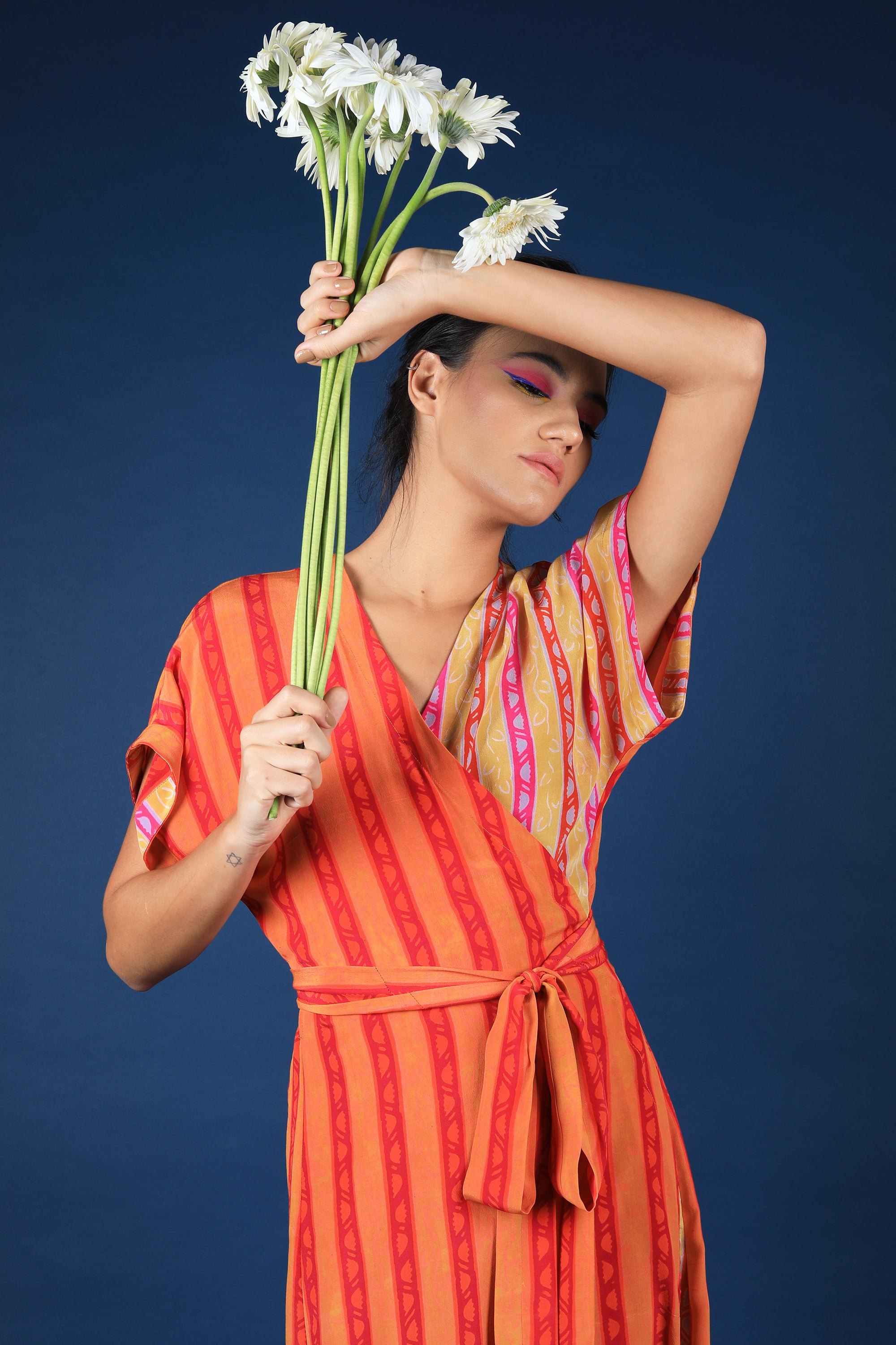 Orange Wrap Up Stripe Print Dress