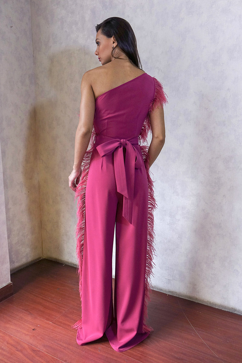One Shoulder Jumpsuit With Feathers