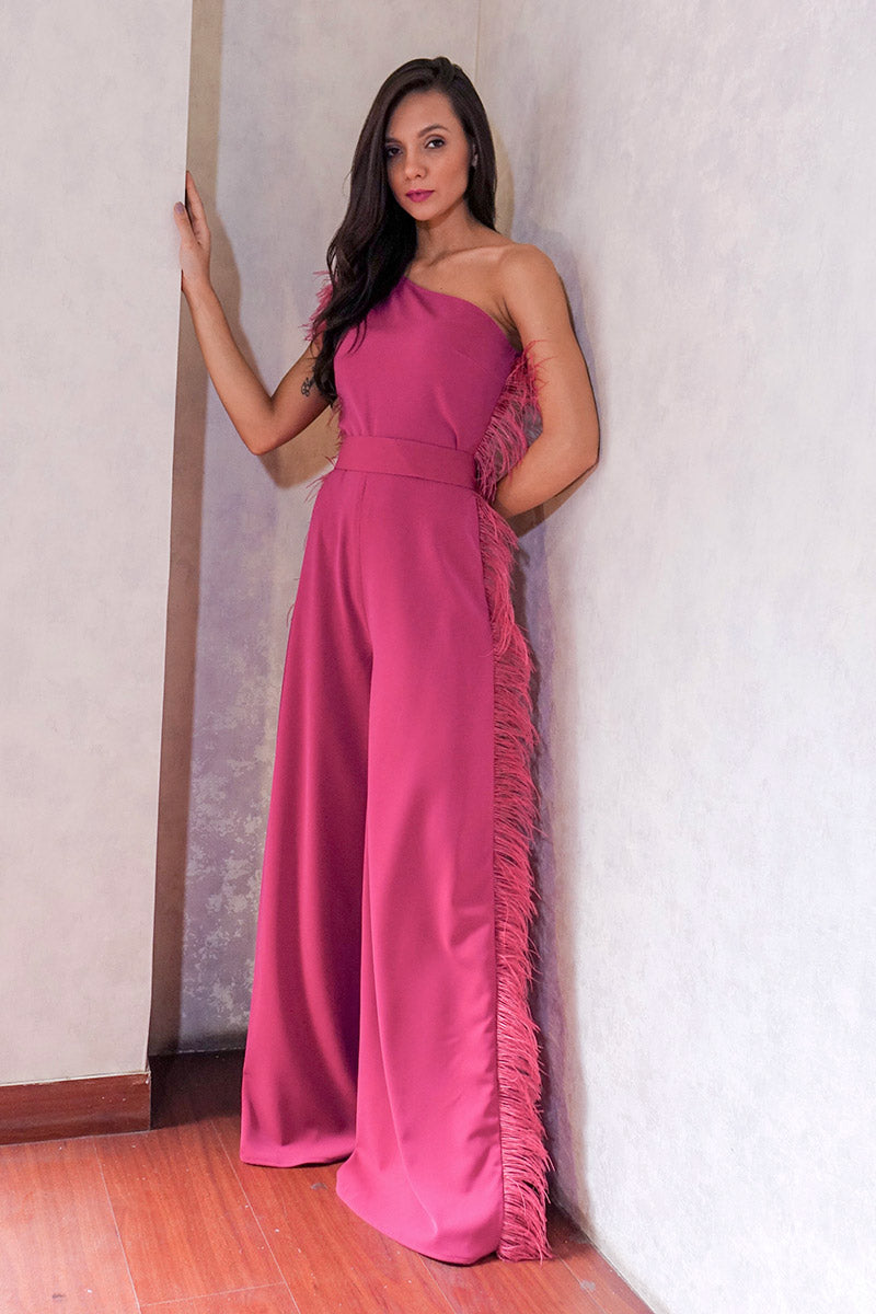 One Shoulder Jumpsuit With Feathers