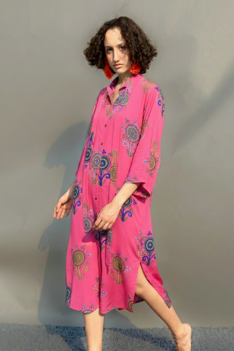 Fuchsia Block Motif Print Shirt Dress