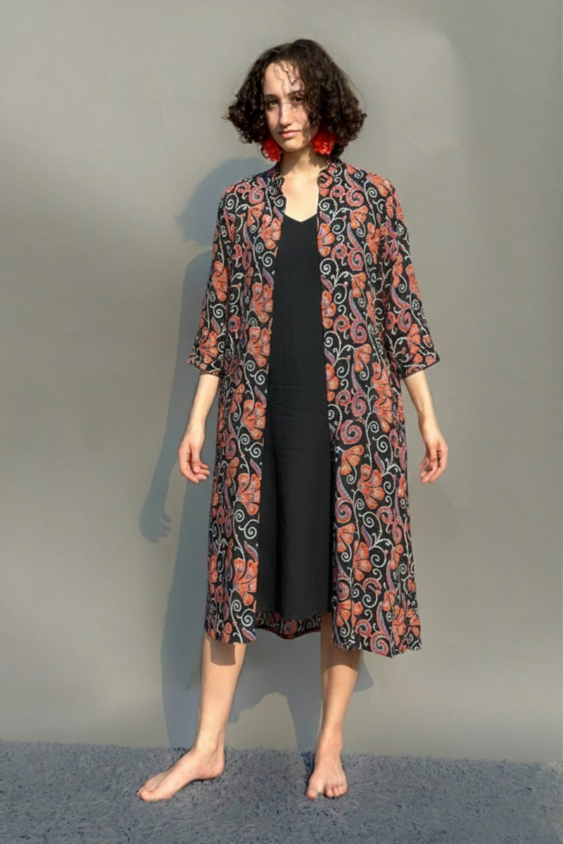 Black & Orange Floral Shirt Dress