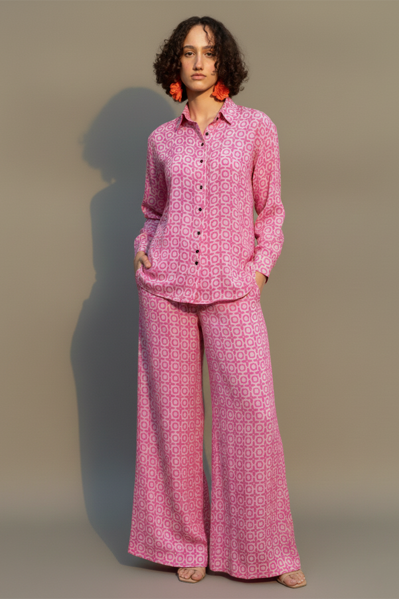 Neon Pink Honeycomb Shirt & Wide Legged Pants