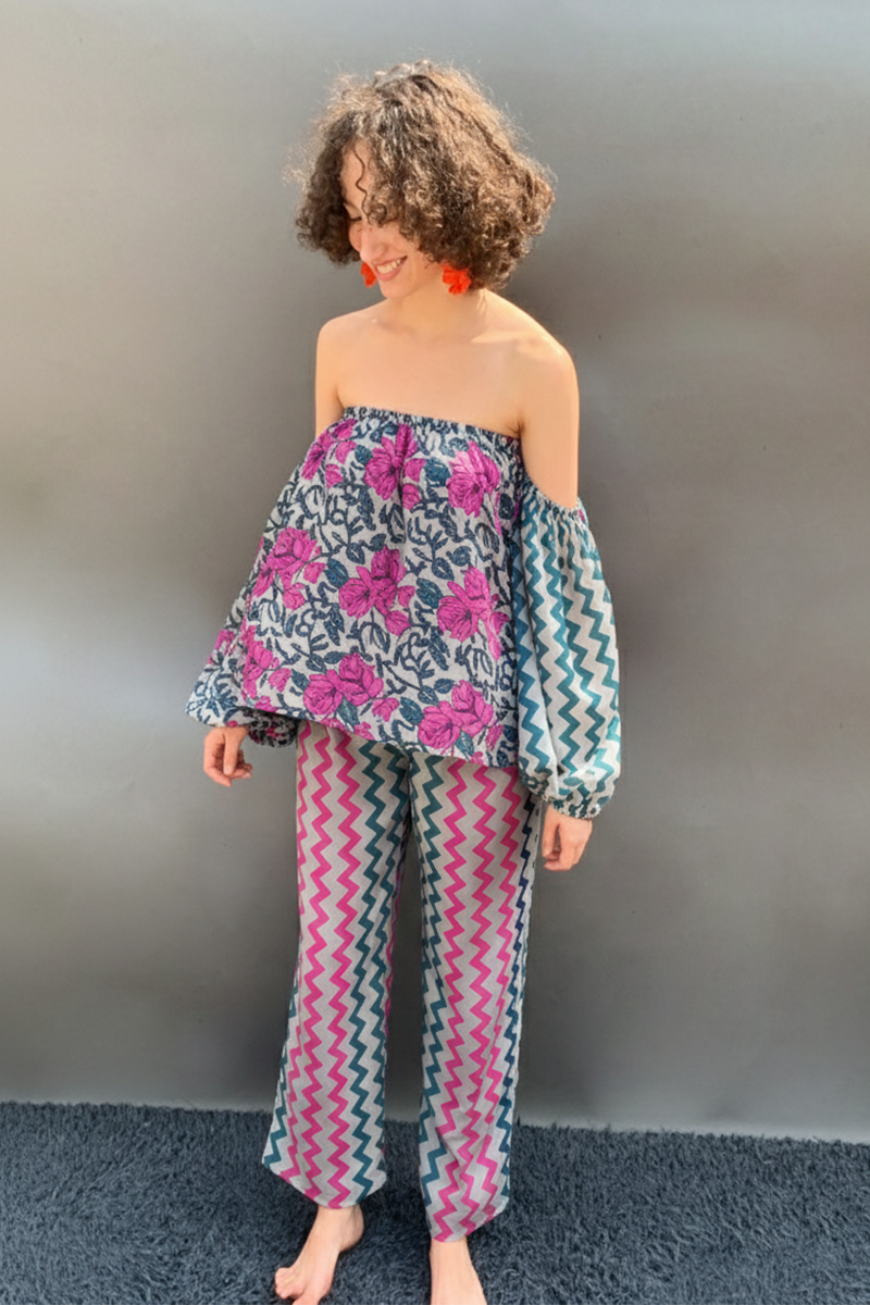 Off Shoulder Floral Top & Zig Zag Stripped Pants