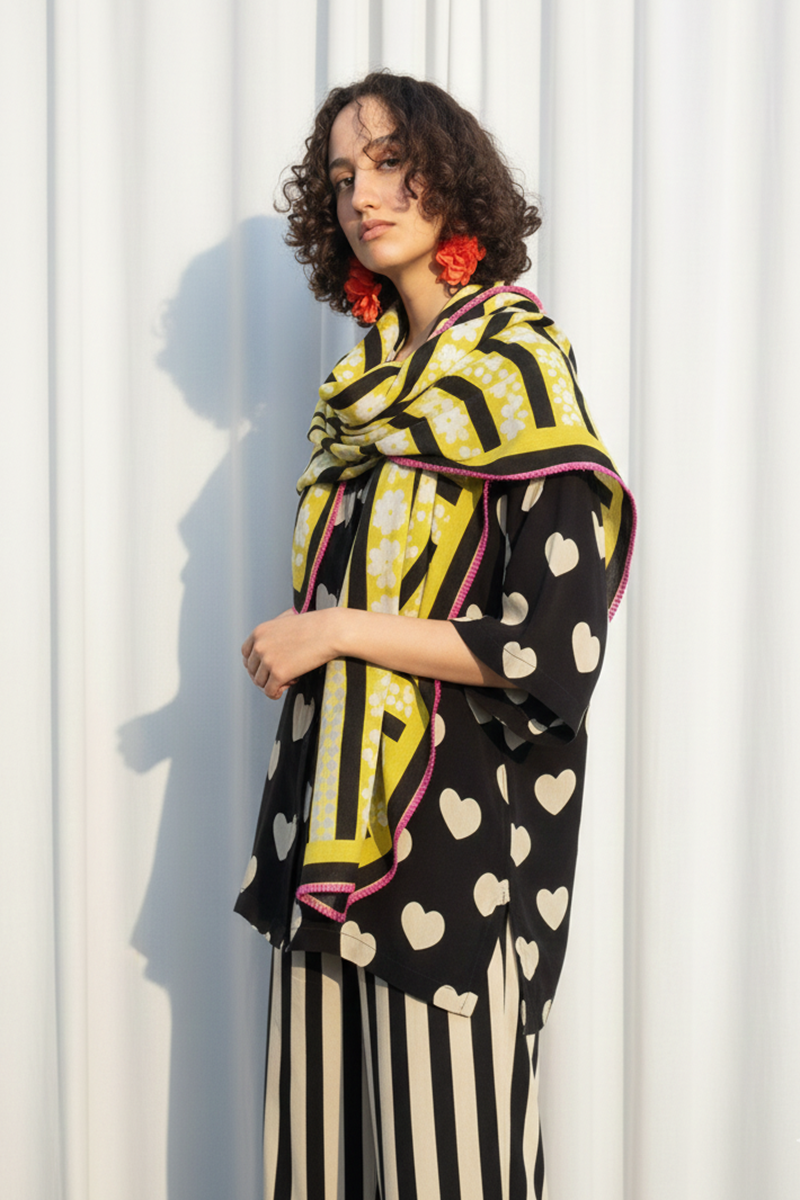 Lime Stripped Beige Floral Print Scarf