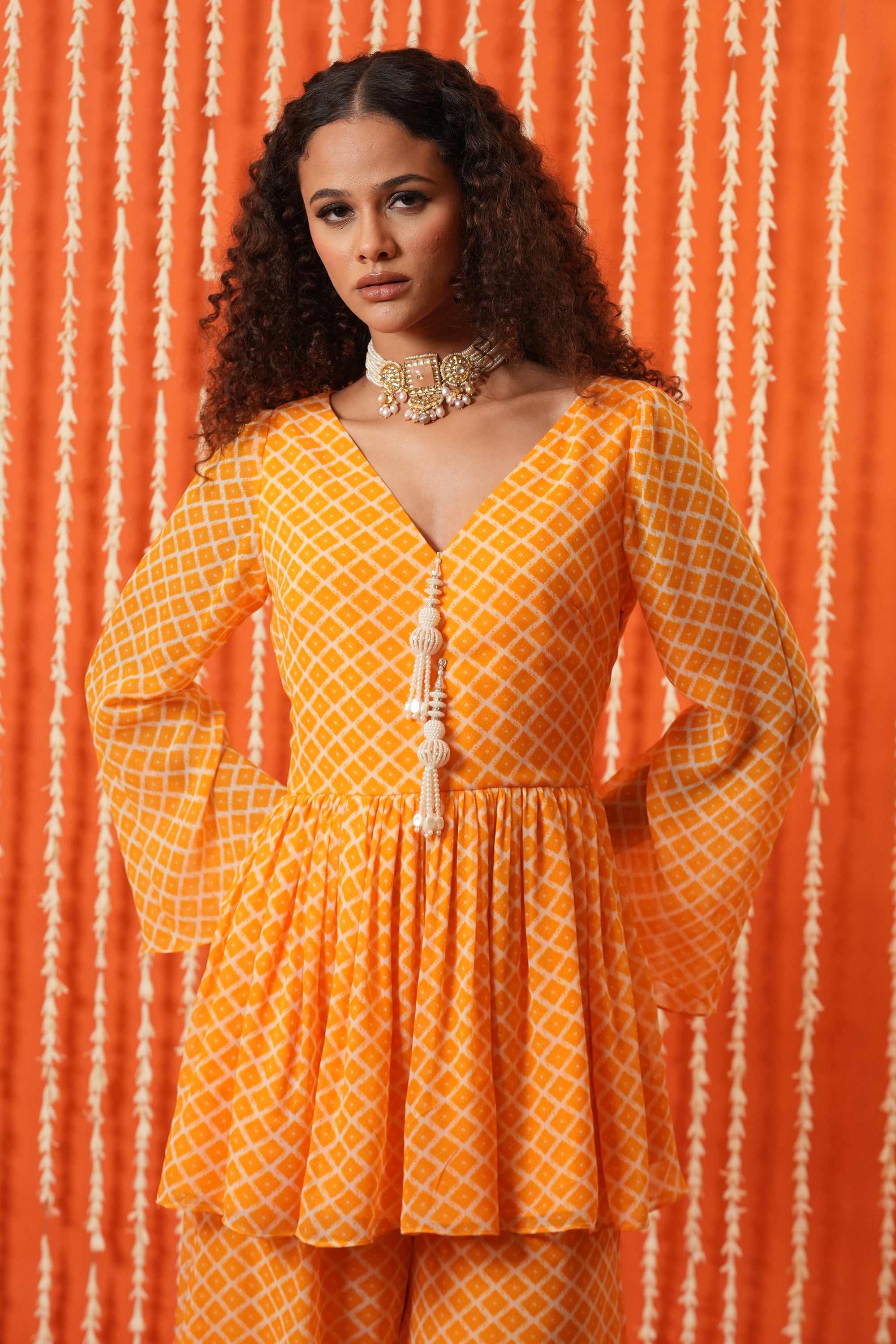 V Neck Peplum Top & Flared Pants Set