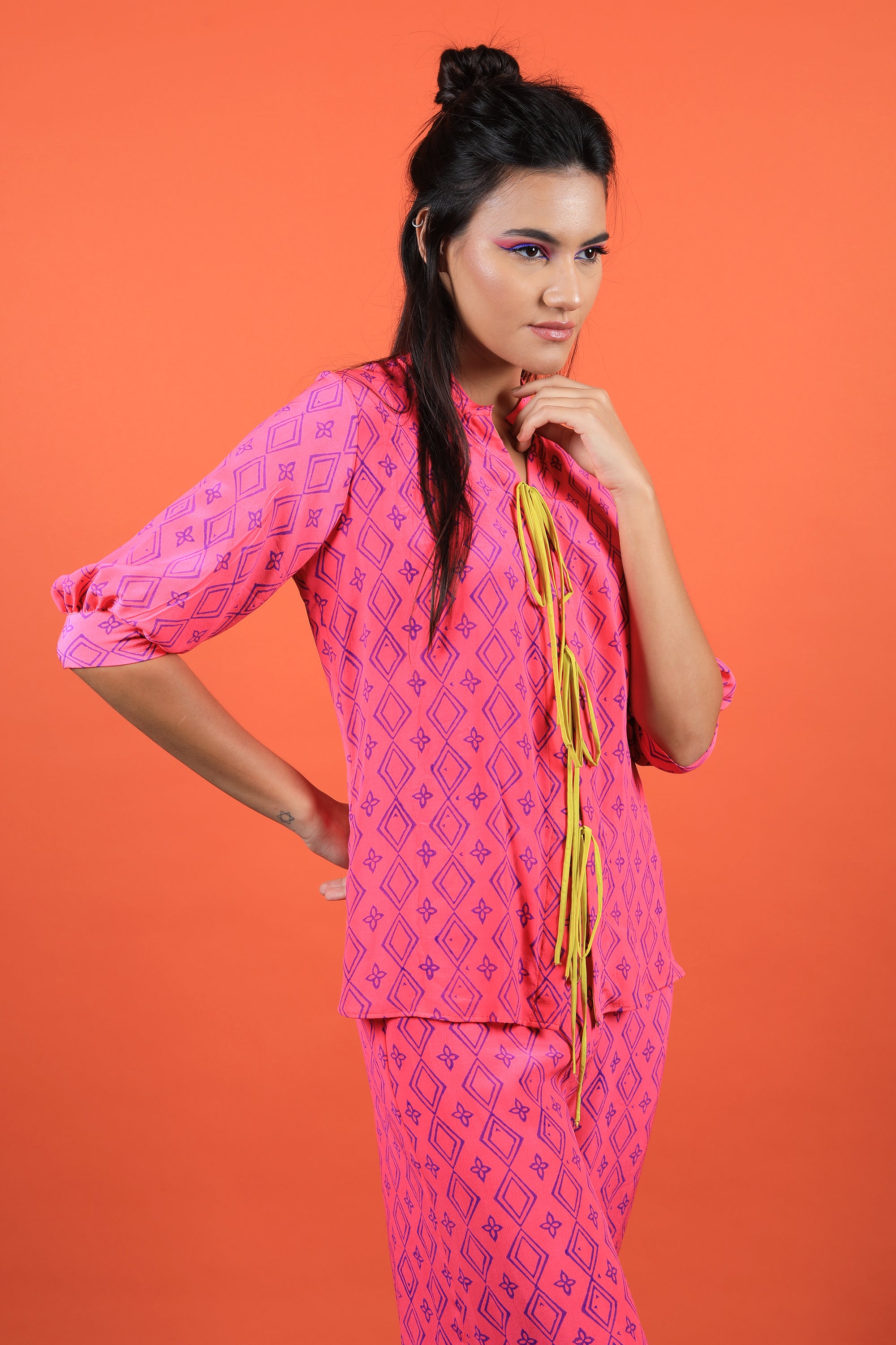 Neon Pink Shirt & Pants Set With Slit