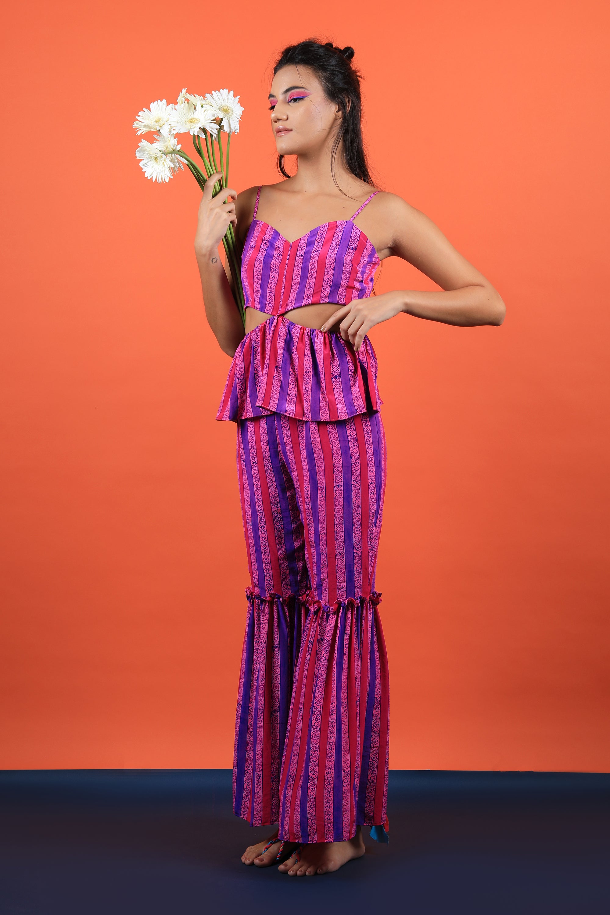 Strappy Cut Out Top With Fit & Flared Pants Set