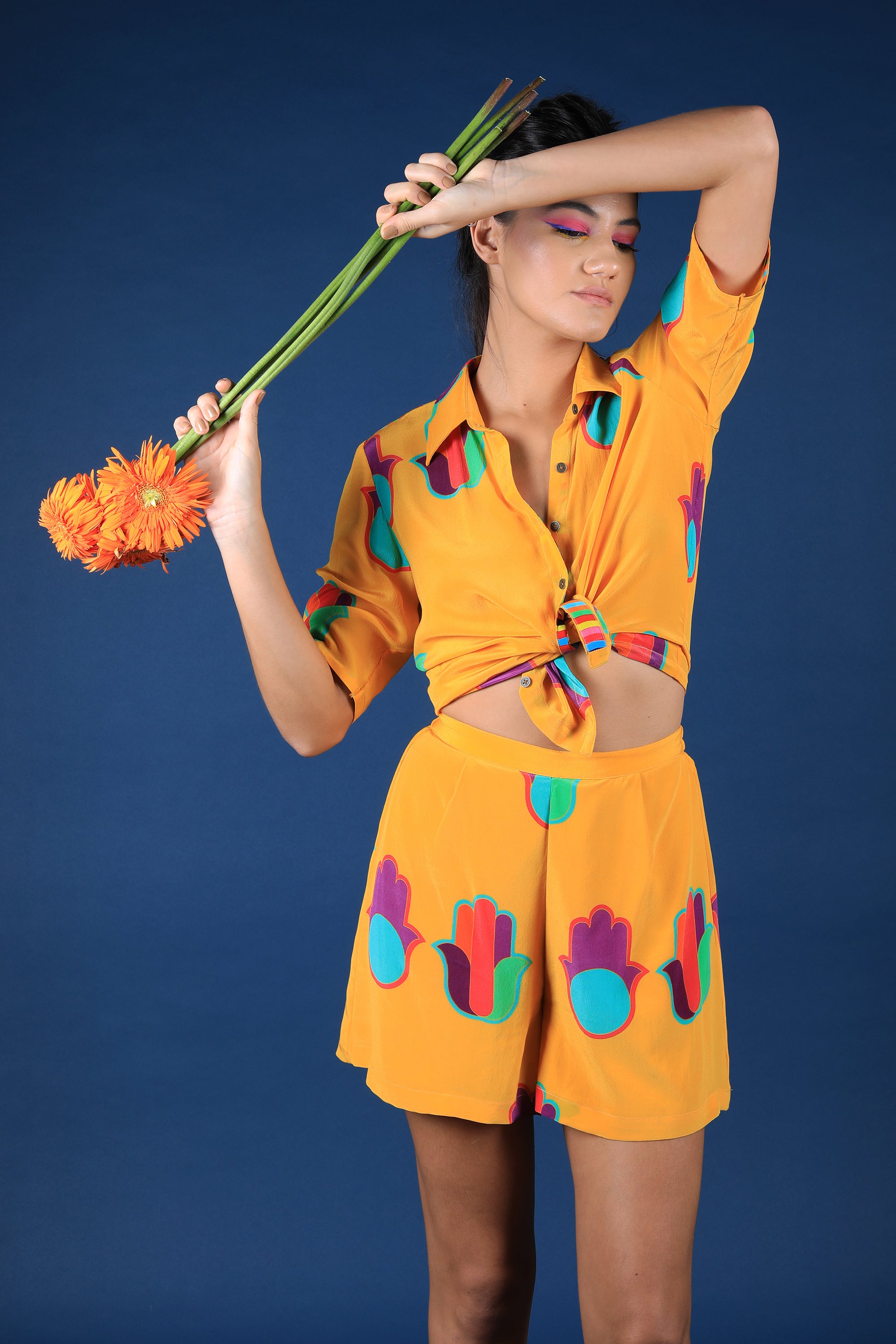 Mustard Hamsa Print Knot Shirt & Shorts