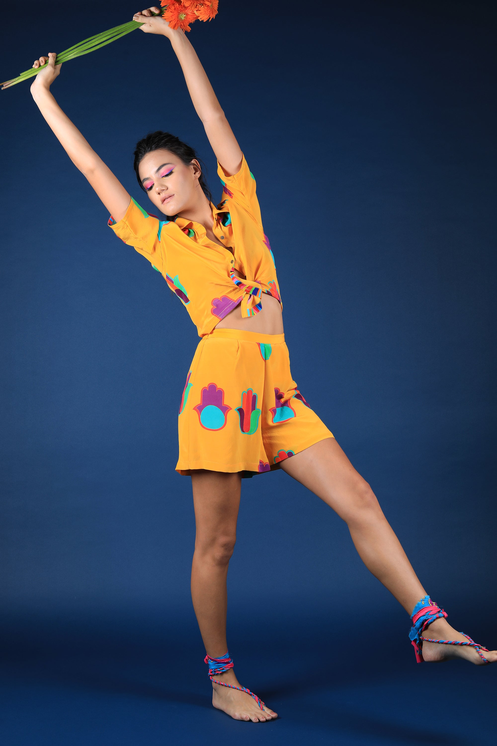 Mustard Hamsa Print Knot Shirt & Shorts