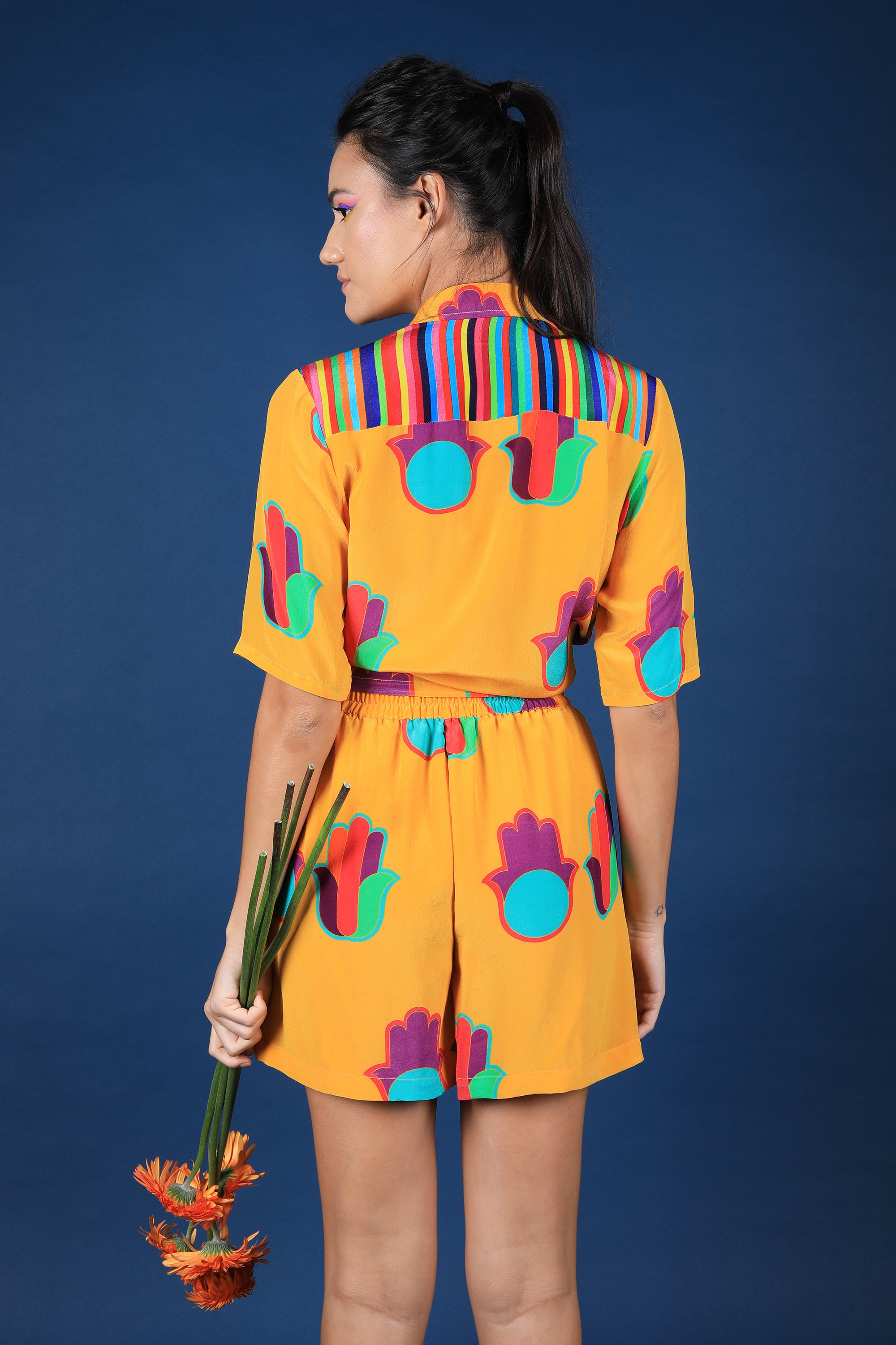 Mustard Hamsa Print Knot Shirt & Shorts