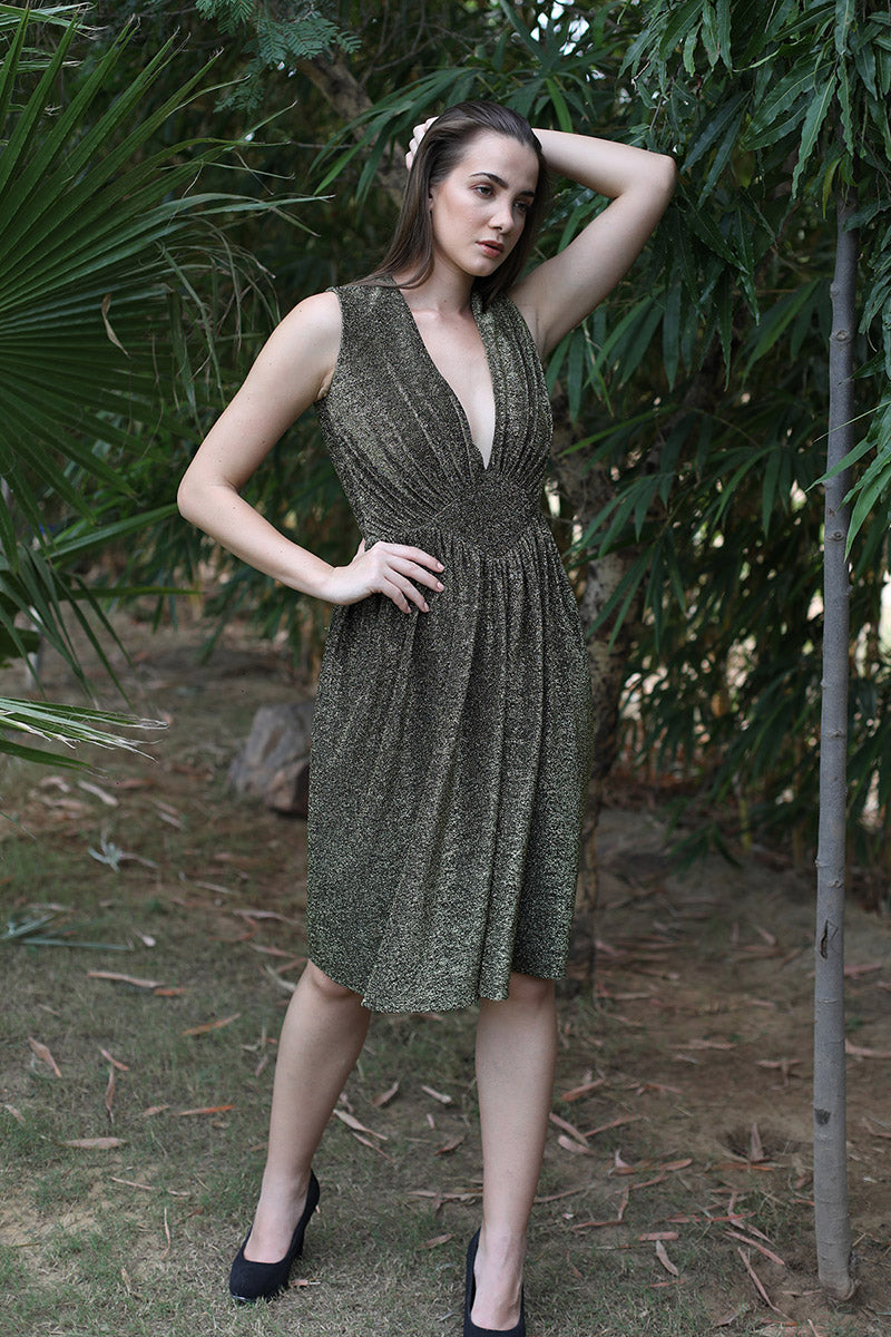 Low V Neck Metallic Dress