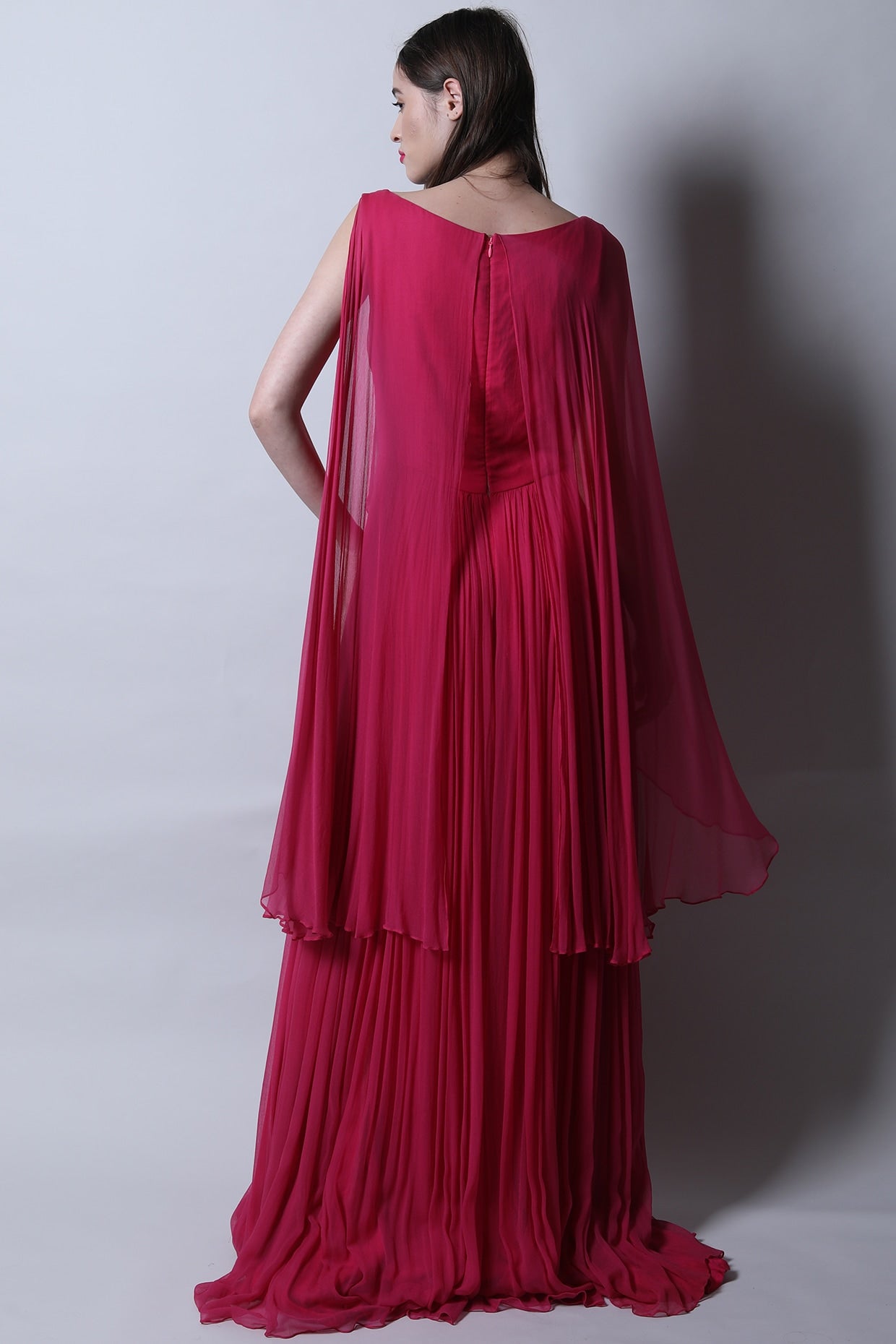 V Overlapping Gown With Asymmetric Cape