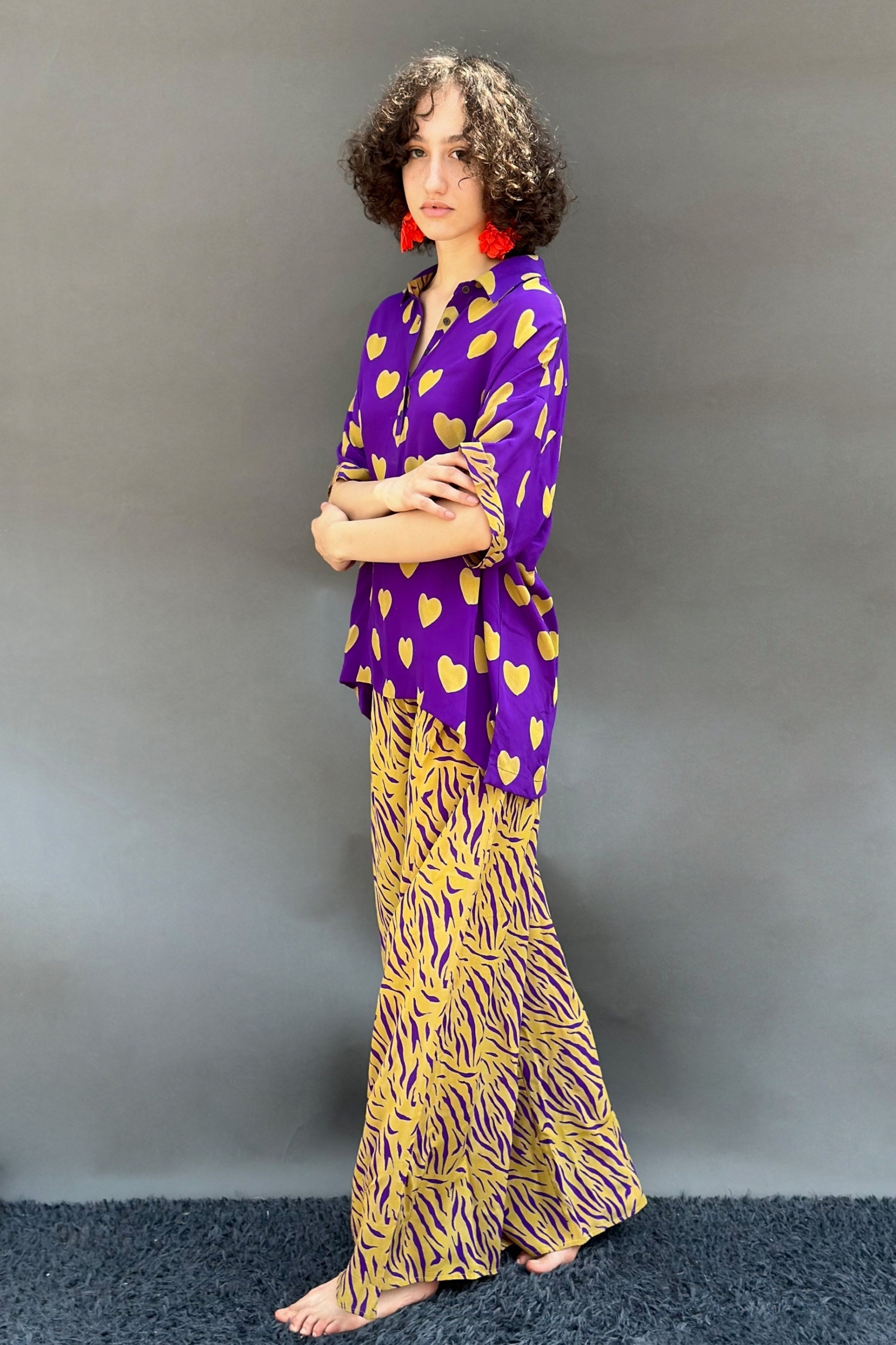 Purple Ochre Heart Print No Armhole Shirt With Zebra Print Wide Legged Pants