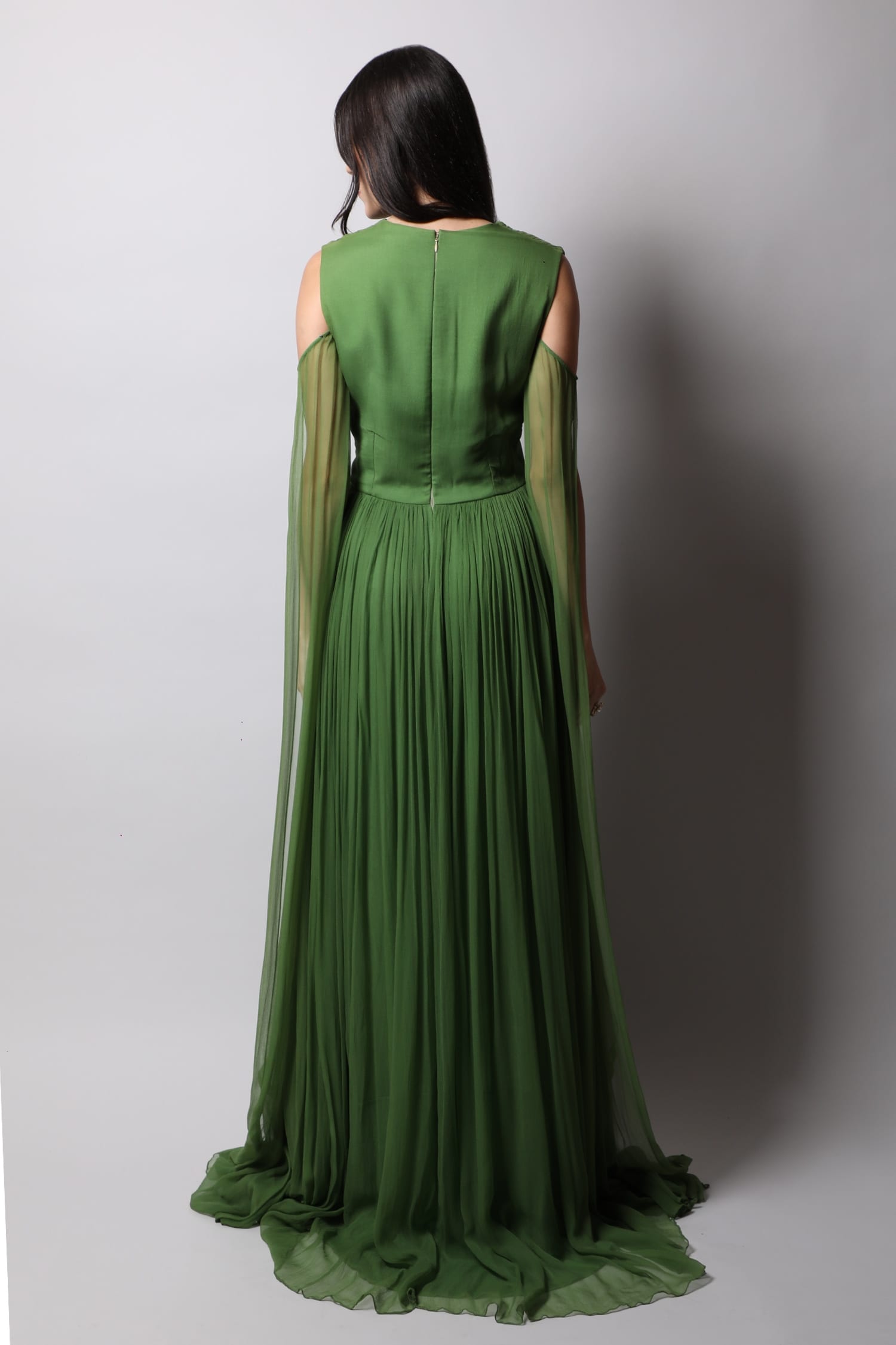 Panelled Neck Gown With Flared Sleeves