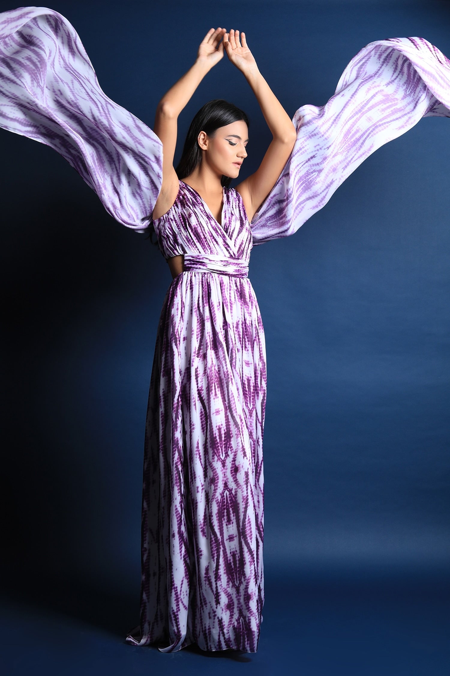 V Overlapping Neck Gown With Drapes & Cut Outs