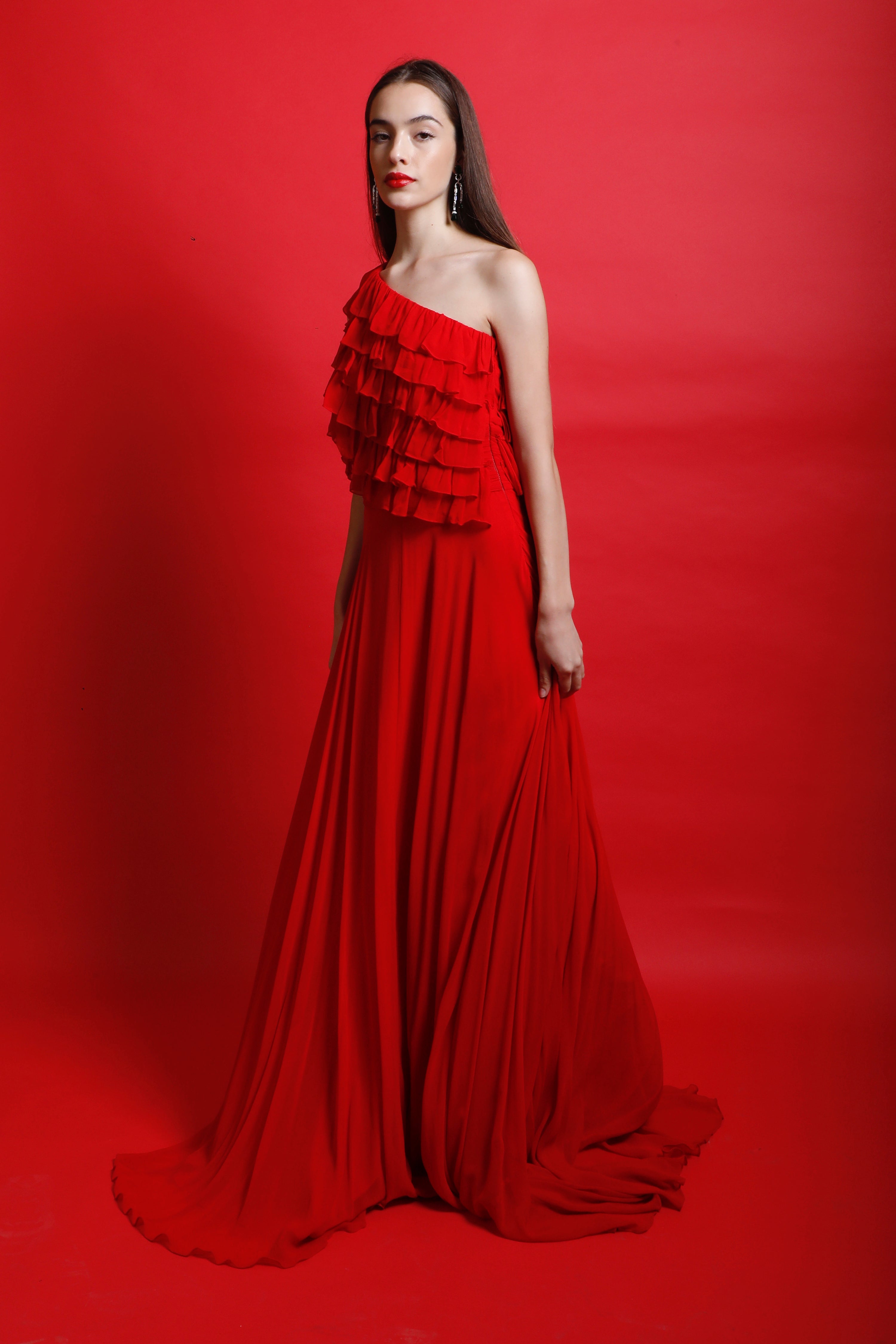 One Shoulder Maxi Gown with Tiered Ruffles